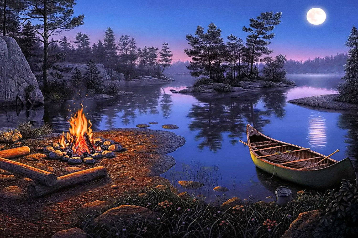campfire, lakeshore, moonrise, HD Desktop Wallpaper