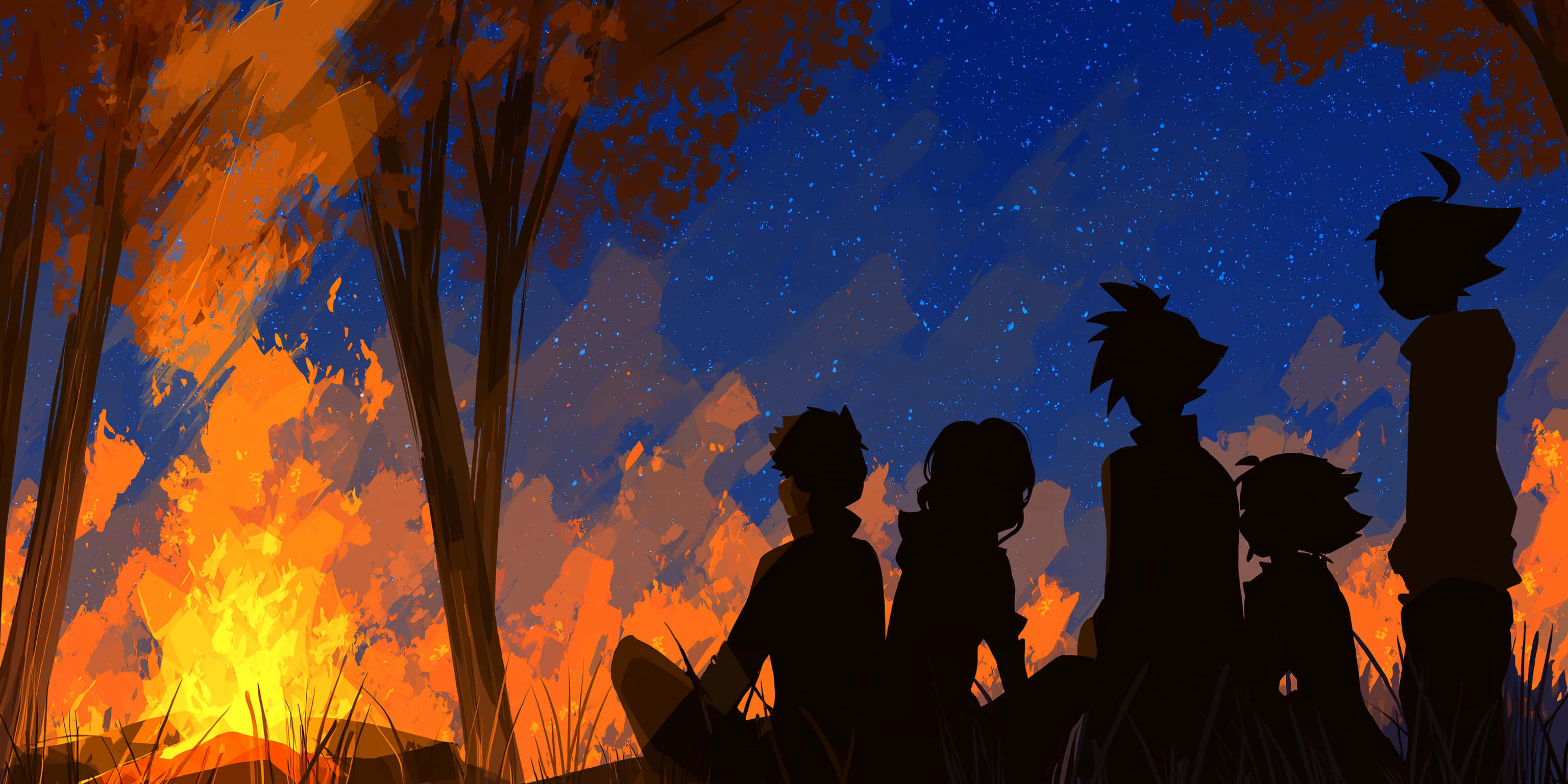 Campfire, Sunset, Starry night sky, 2K Desktop Wallpaper