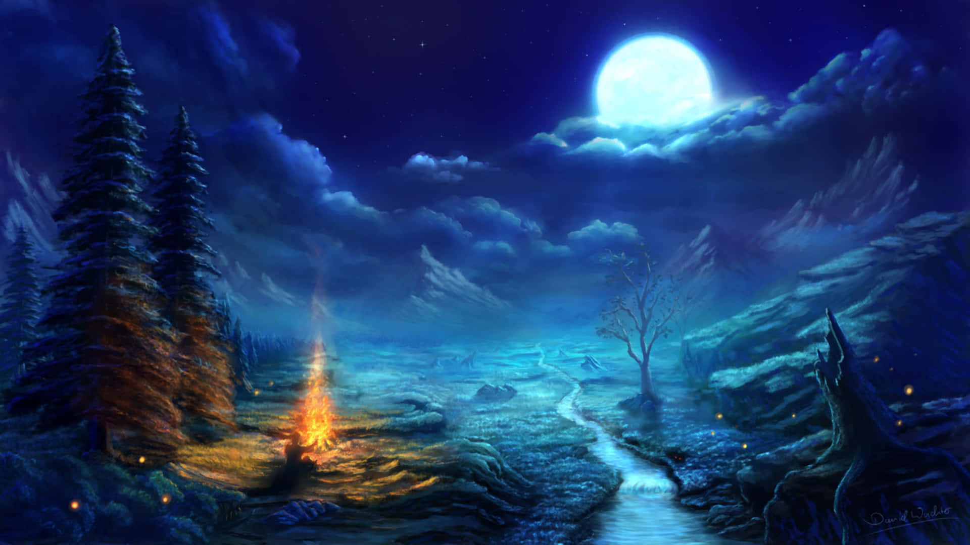 Campfire, snowy forest, bright full moon, Full HD Desktop Wallpaper
