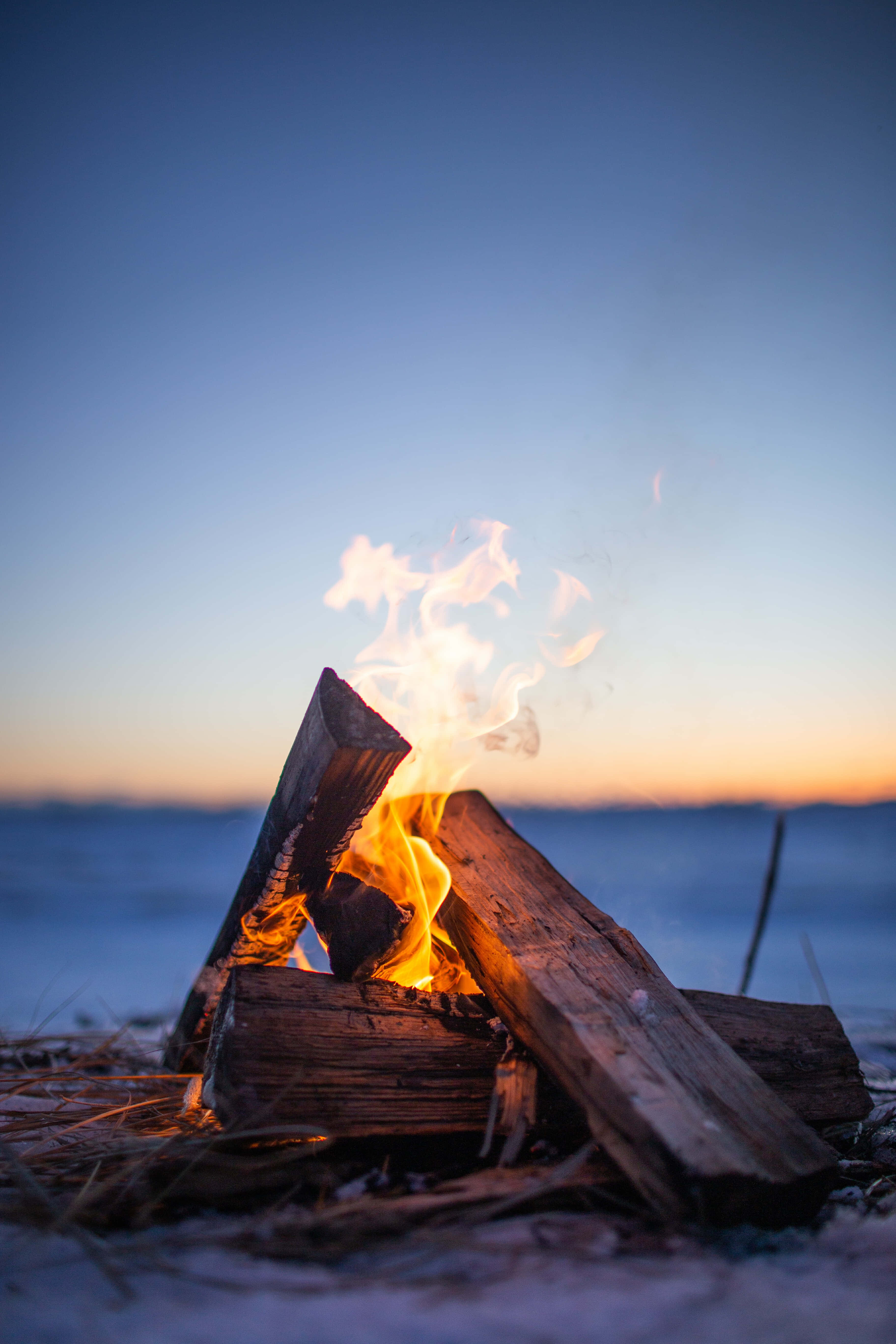 campfire, snowy beach, twilight, 5K Phone Wallpaper