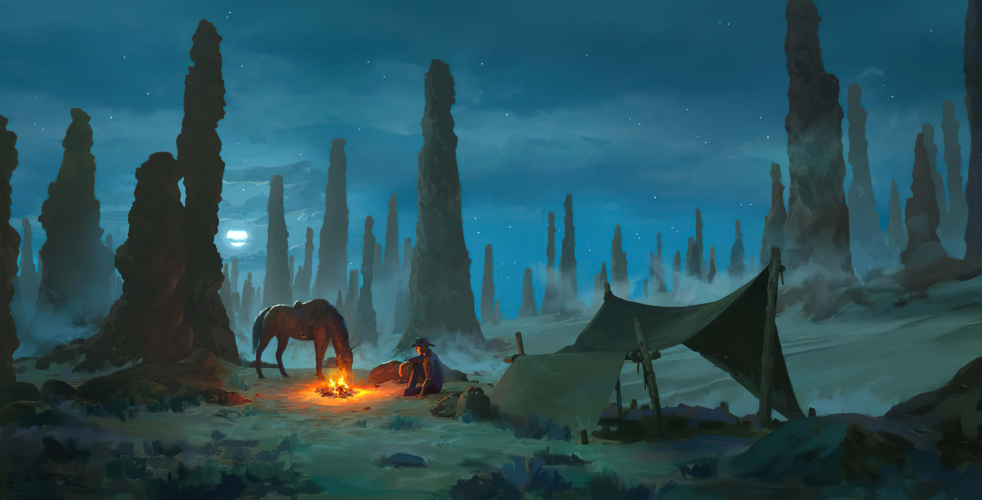 animated cowboy, campfire, starry night sky, 2K Desktop Wallpaper