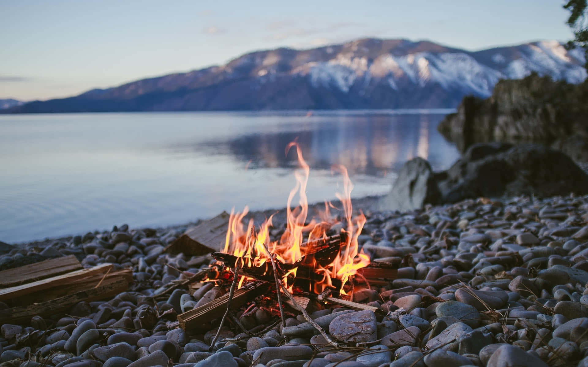 Campfire, lake, rocky lakeshore, Full HD Desktop Wallpaper