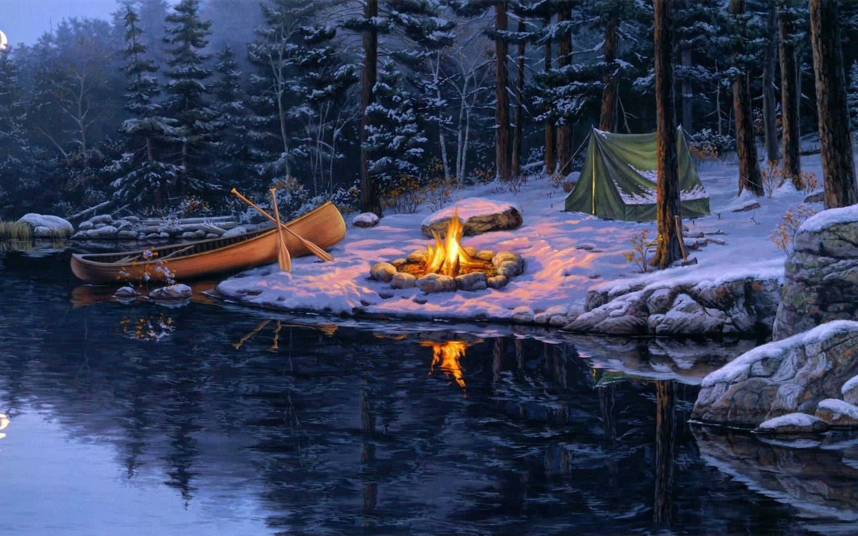 canoe, snow-dusted riverbank, pine trees, HD Desktop Wallpaper