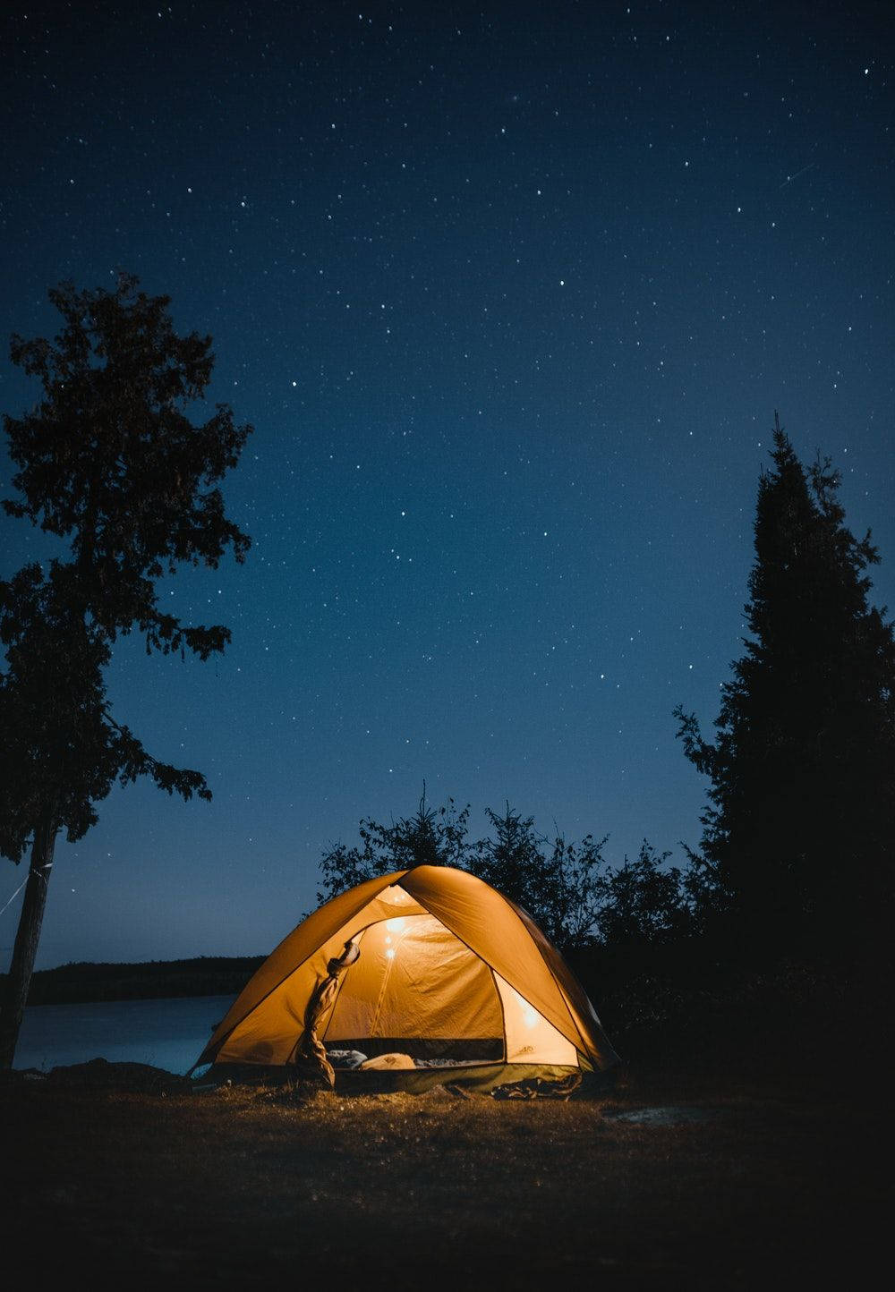 camping tent silhouette, glowing orange, starry night sky, HD Phone Wallpaper