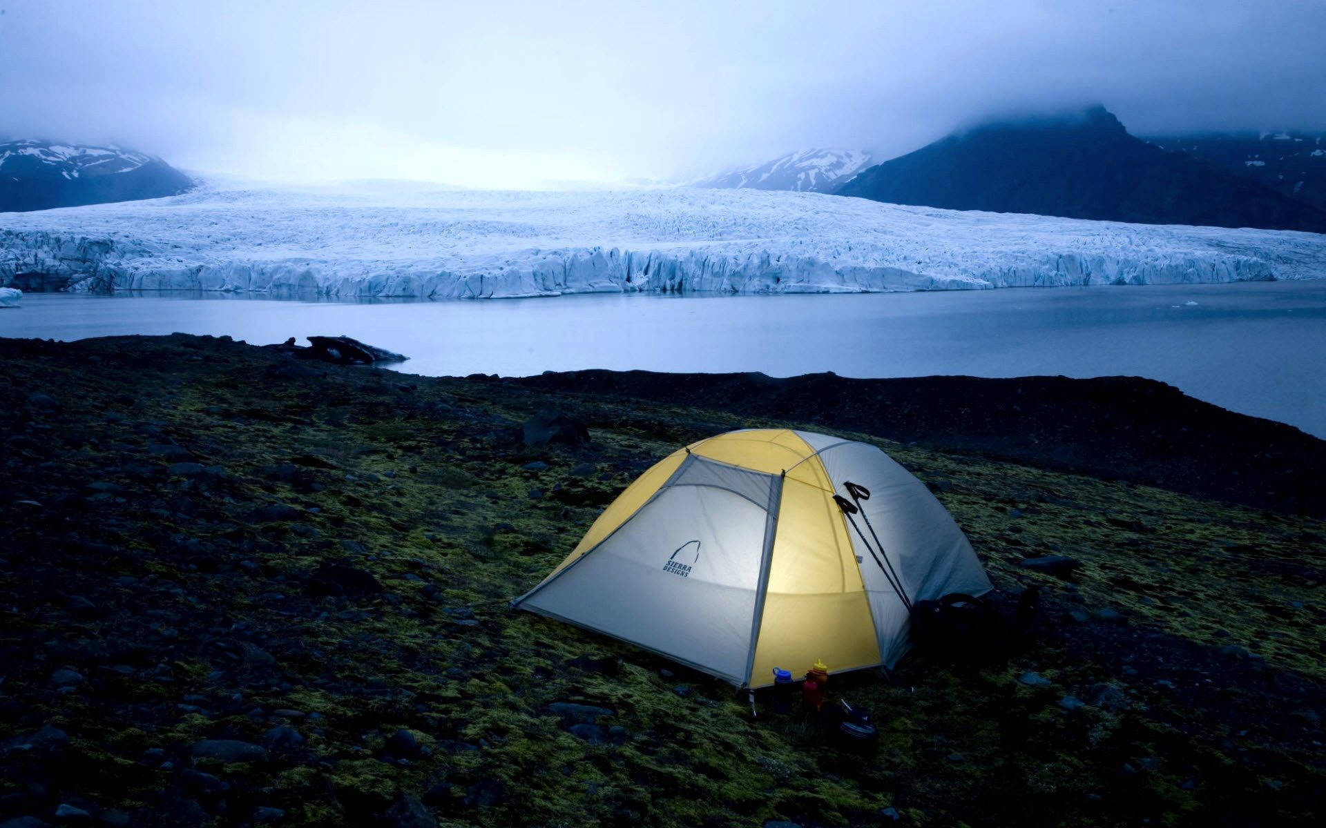 glowing yellow tent, mossy ground, vast glacier, Full HD Desktop Wallpaper