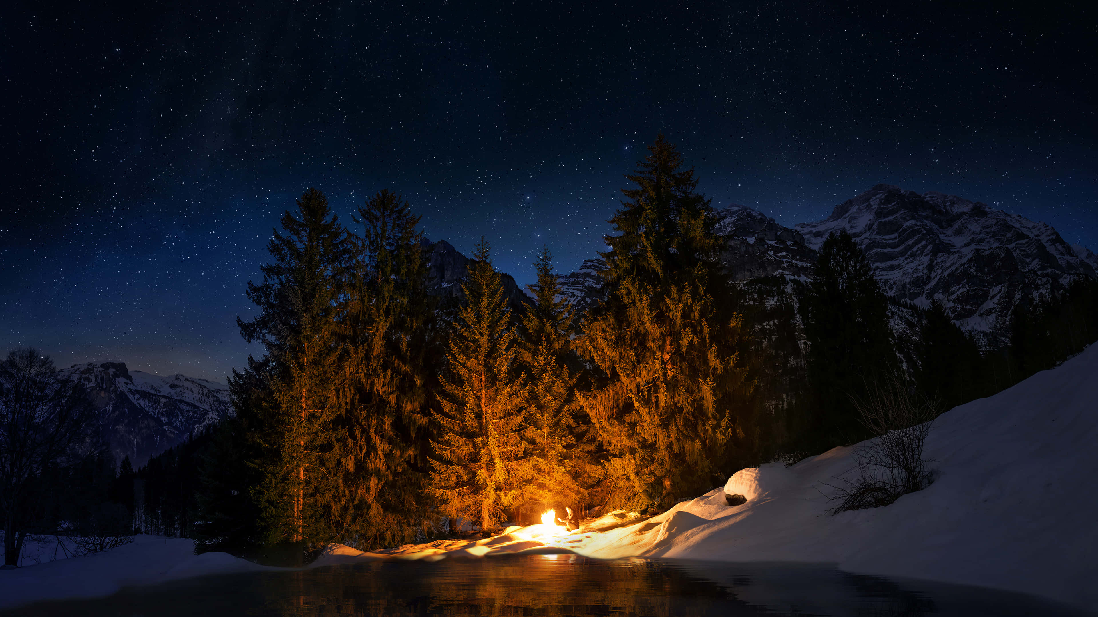 Night Mountain Campfire, starry night sky, snowy lake, 4K Desktop Wallpaper