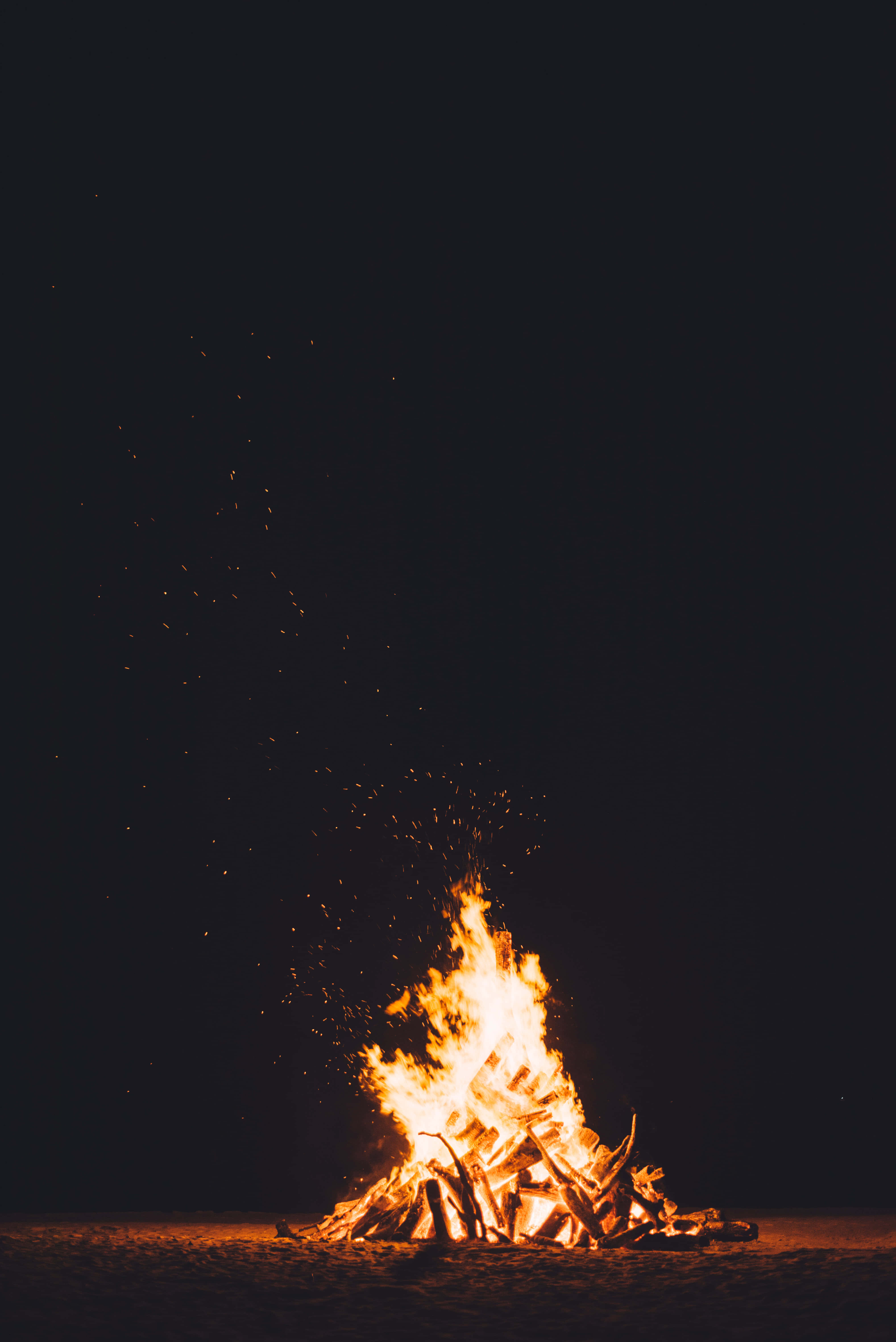 Campfire, glowing fire, pitch black night, 5K Phone Wallpaper