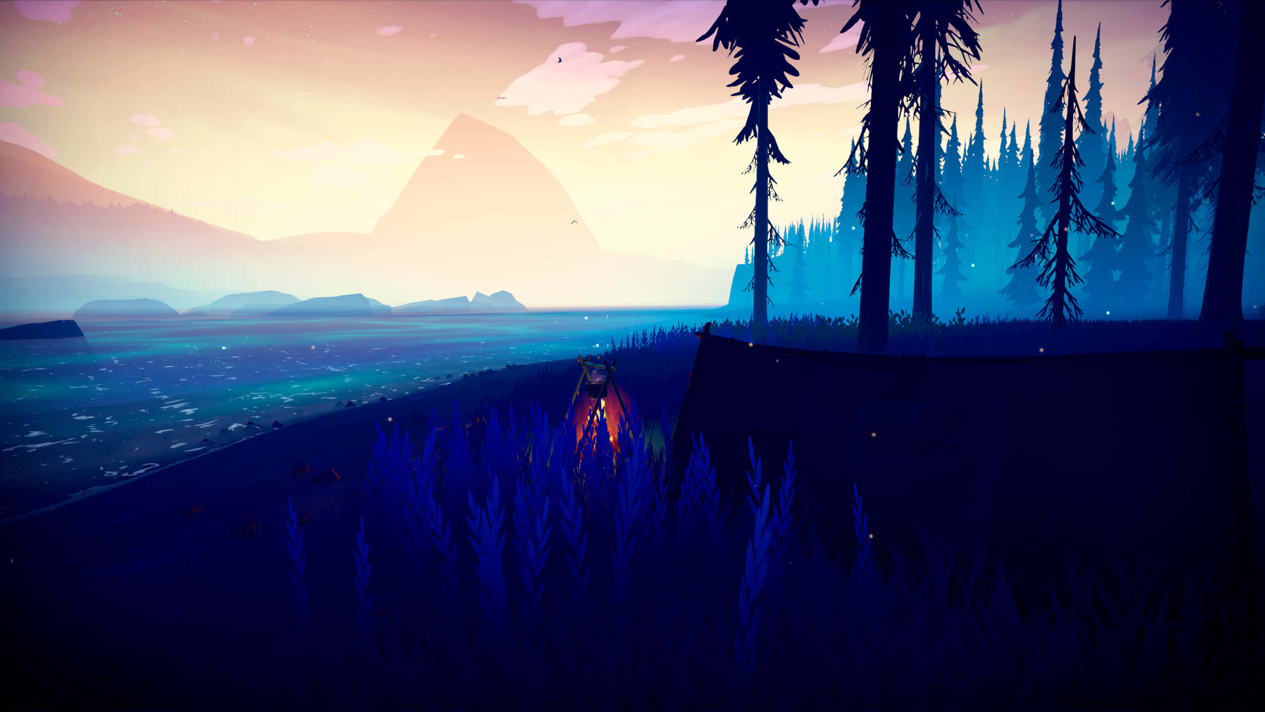 Campfire, dark blue forest, twilight, 2K Desktop Wallpaper