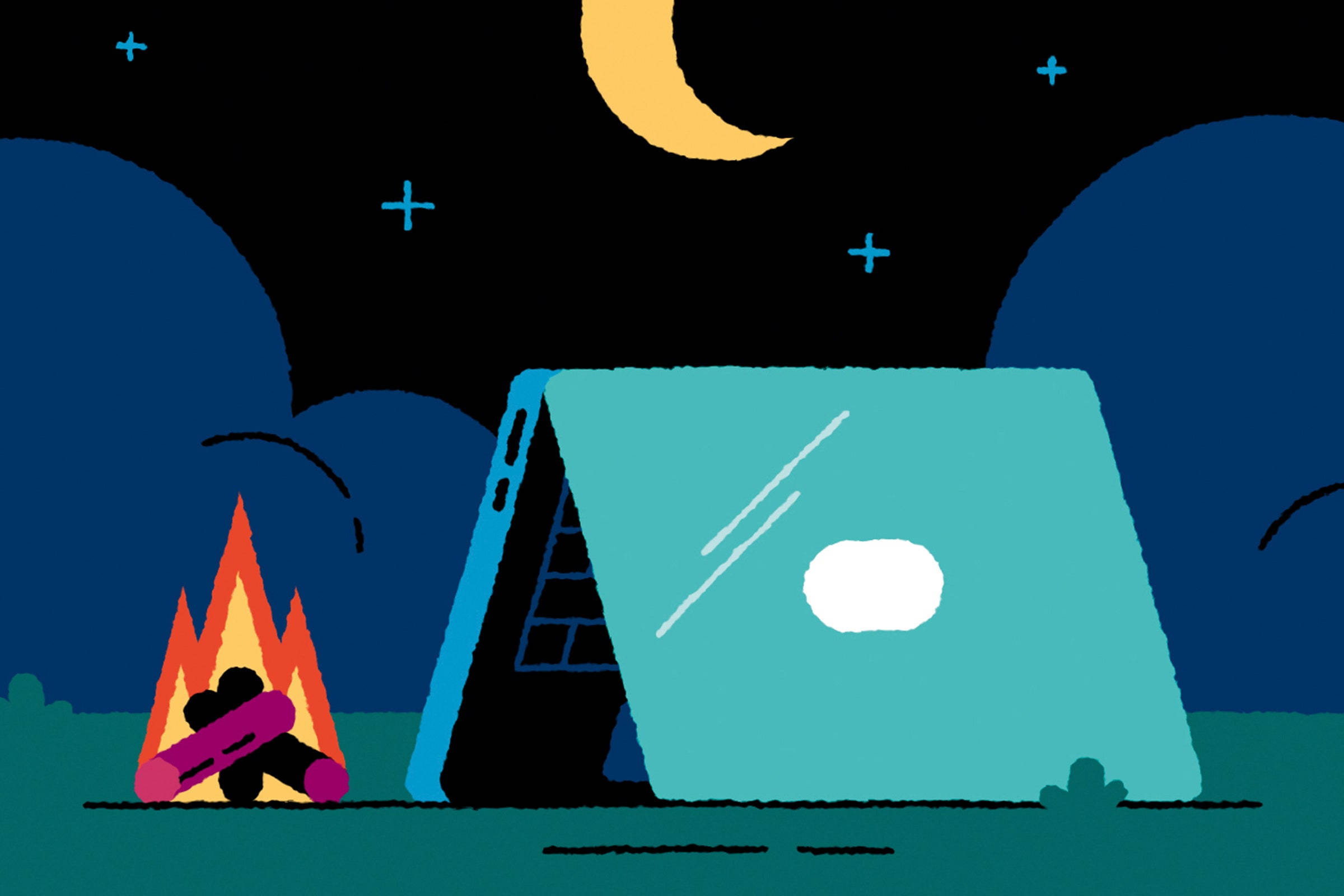 laptop tent, crescent moon, campfire, Full HD Desktop Wallpaper