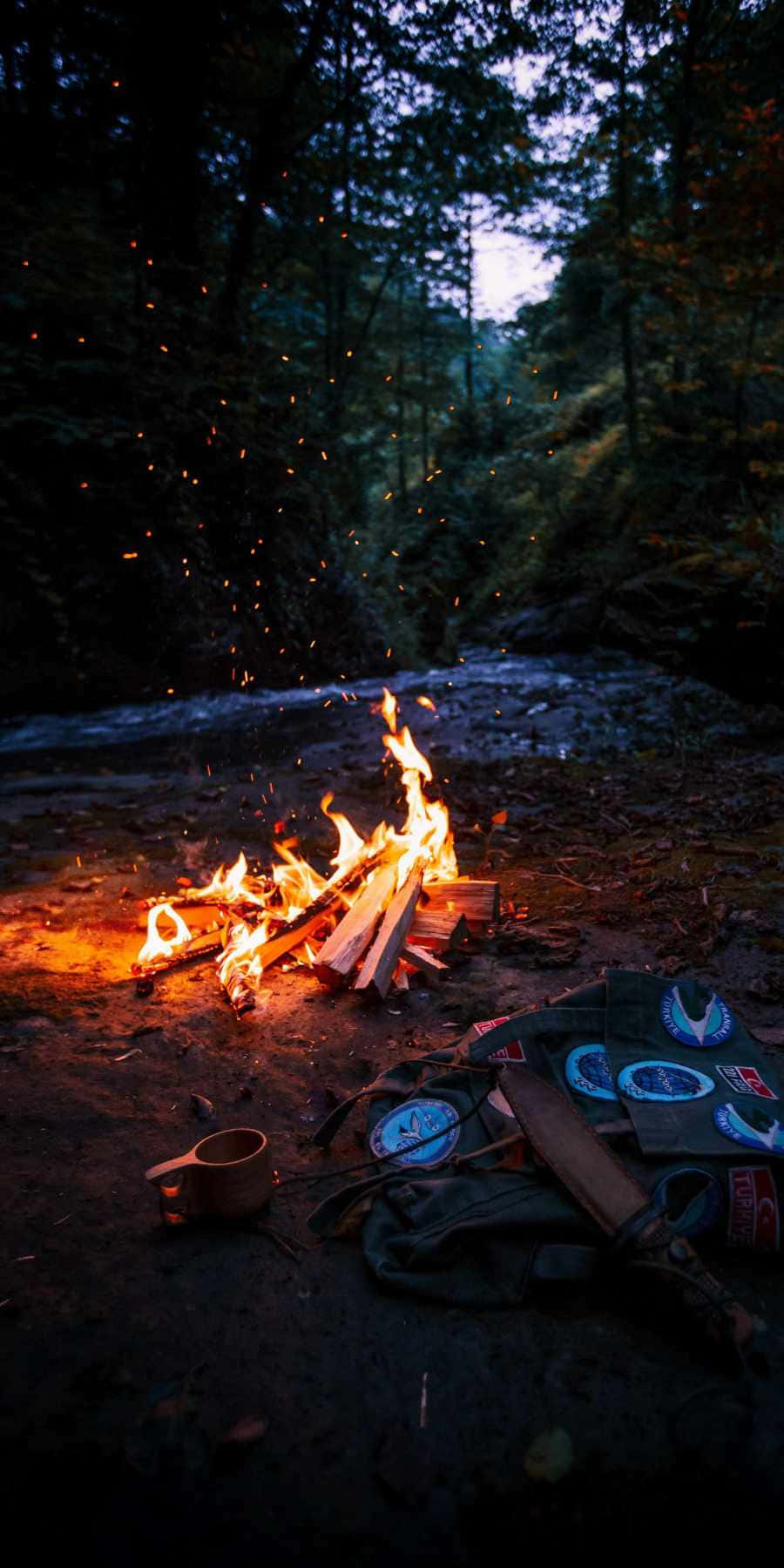 Campfire, dark forest, logs, HD Phone Wallpaper