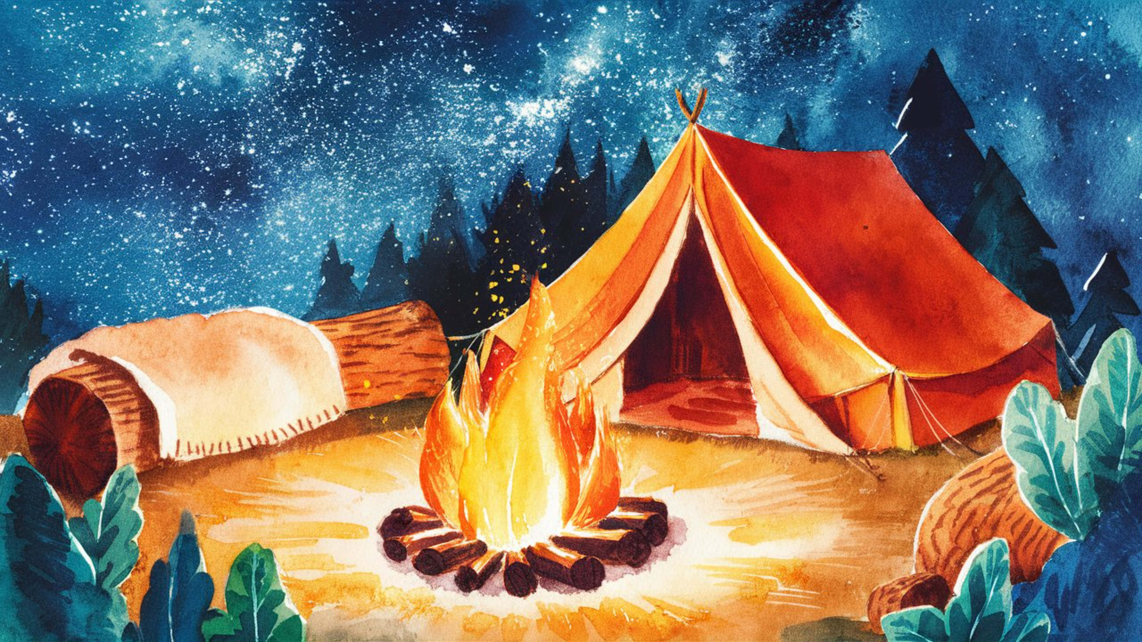 campfire, red tent, starry night sky, 4K Desktop Wallpaper