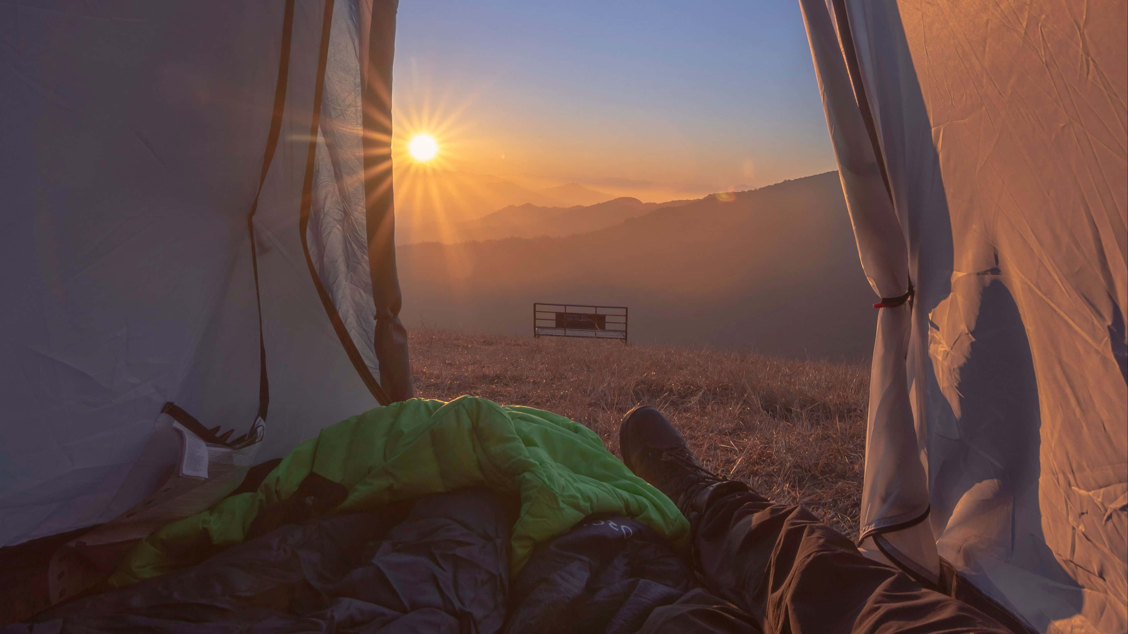 sunrise, tent, mountains, 4K Desktop Wallpaper