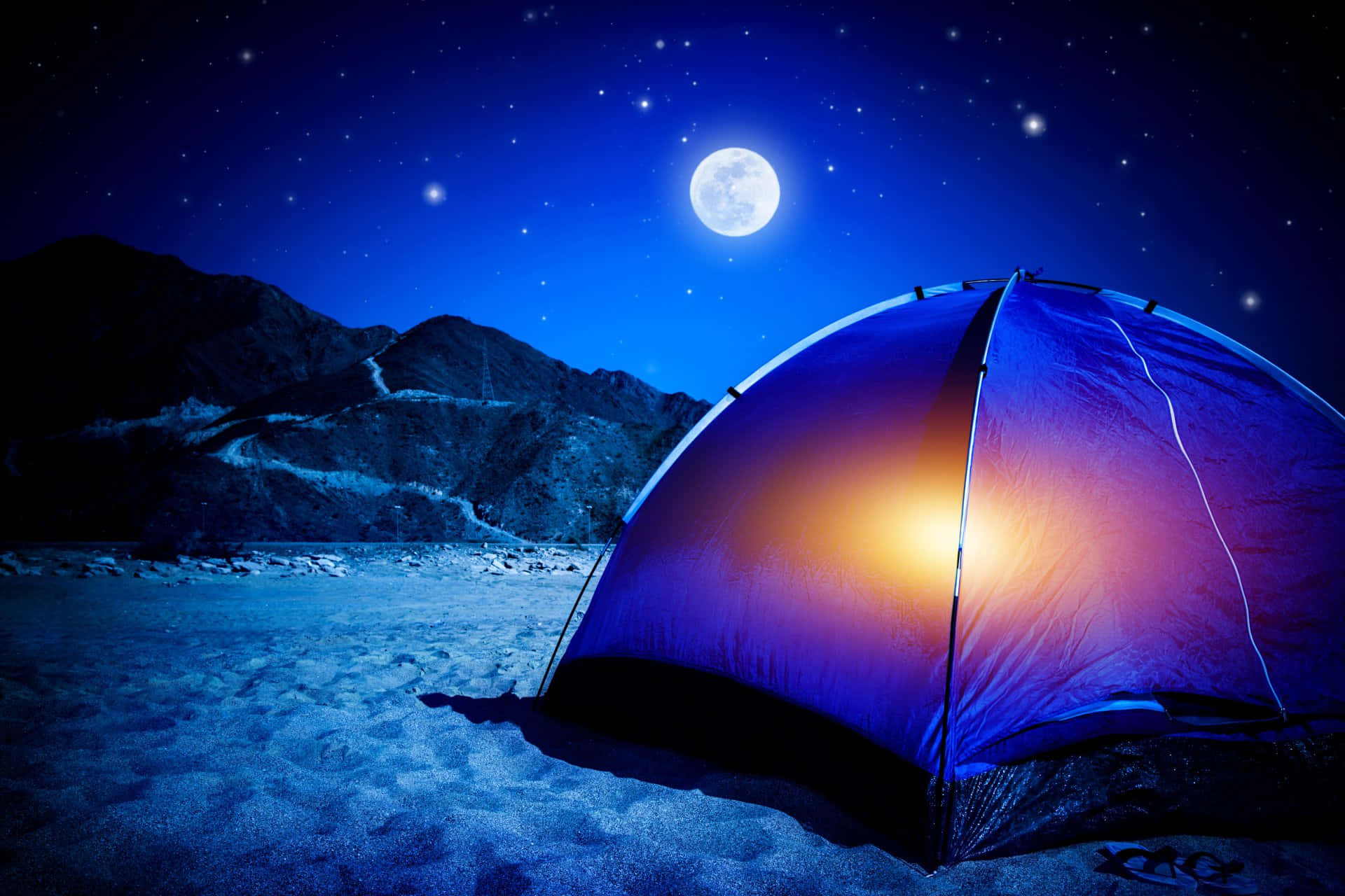 Full Moon Camping Desktop, glowing blue tent, bright moon, Full HD Desktop Wallpaper