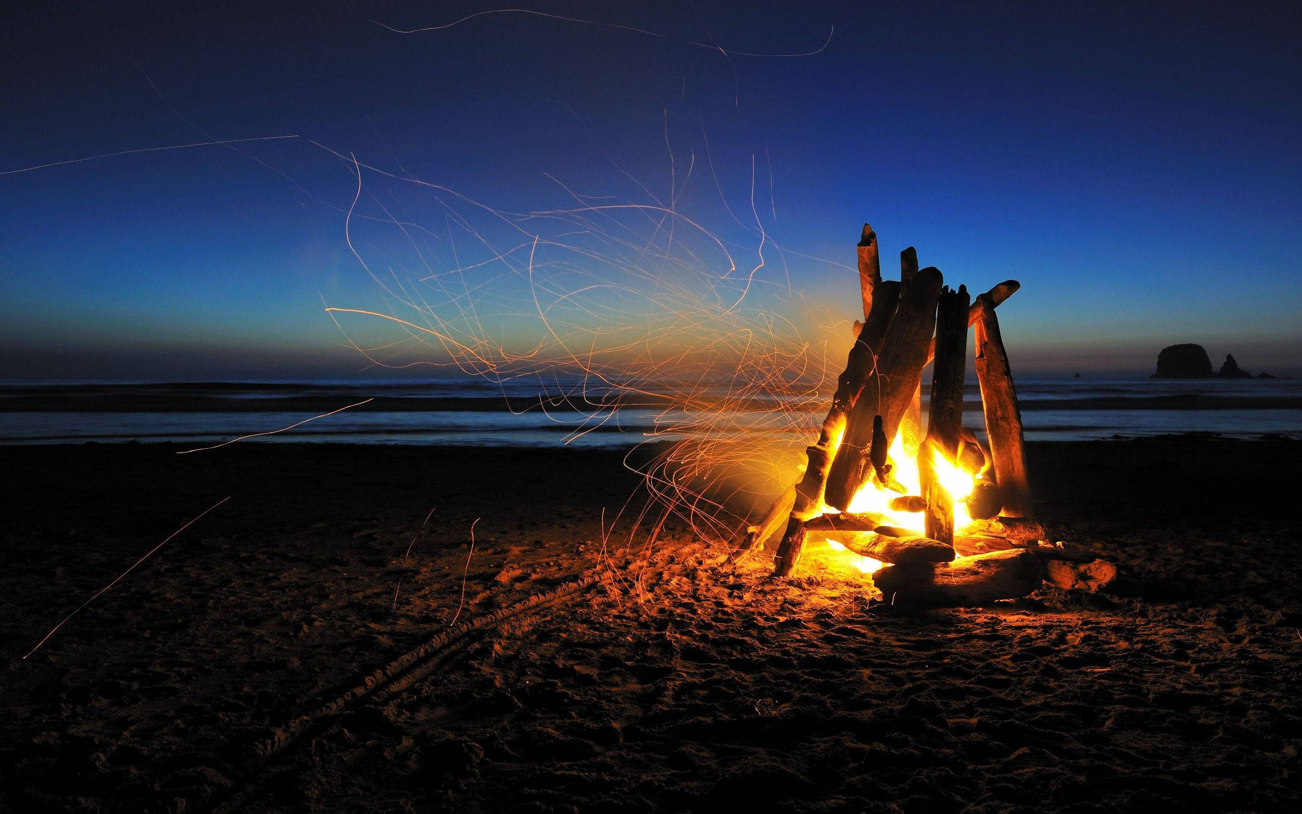 bonfire, dark beach, twilight, 2K Desktop Wallpaper