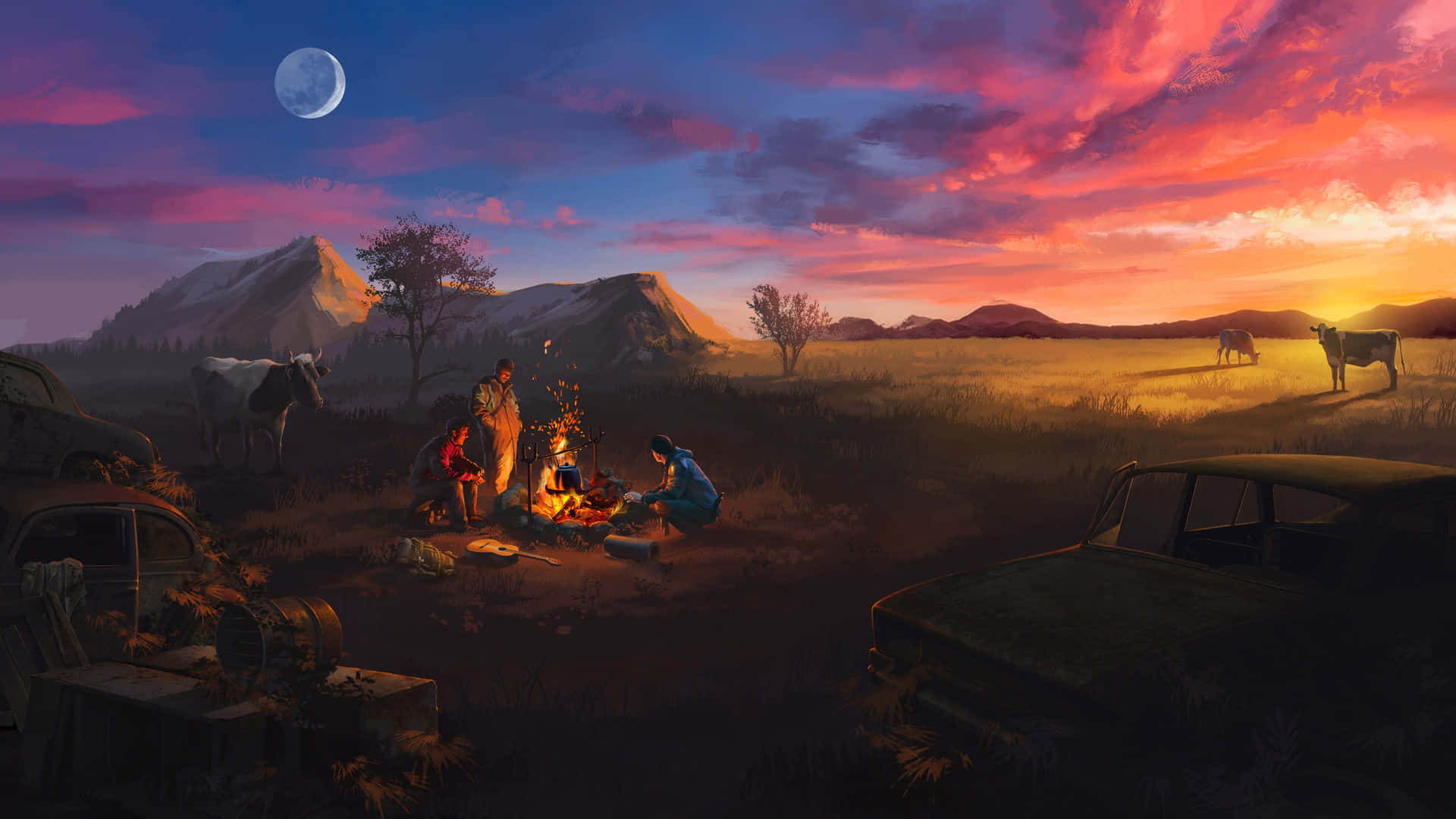 campfire, twilight, mountains, Full HD Desktop Wallpaper