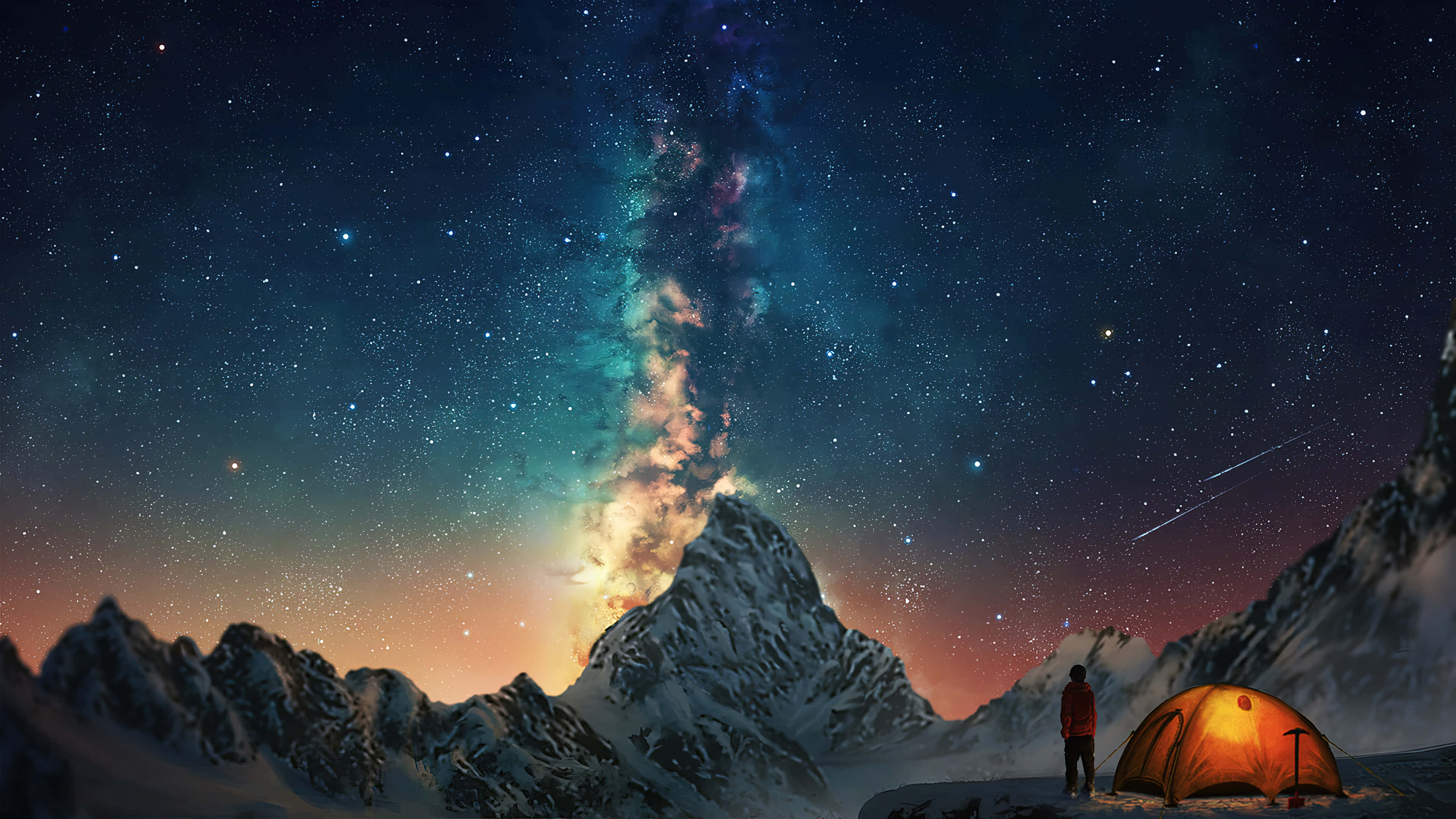 snowy mountains, glowing orange tent, breathtaking starry sky, 4K Desktop Wallpaper