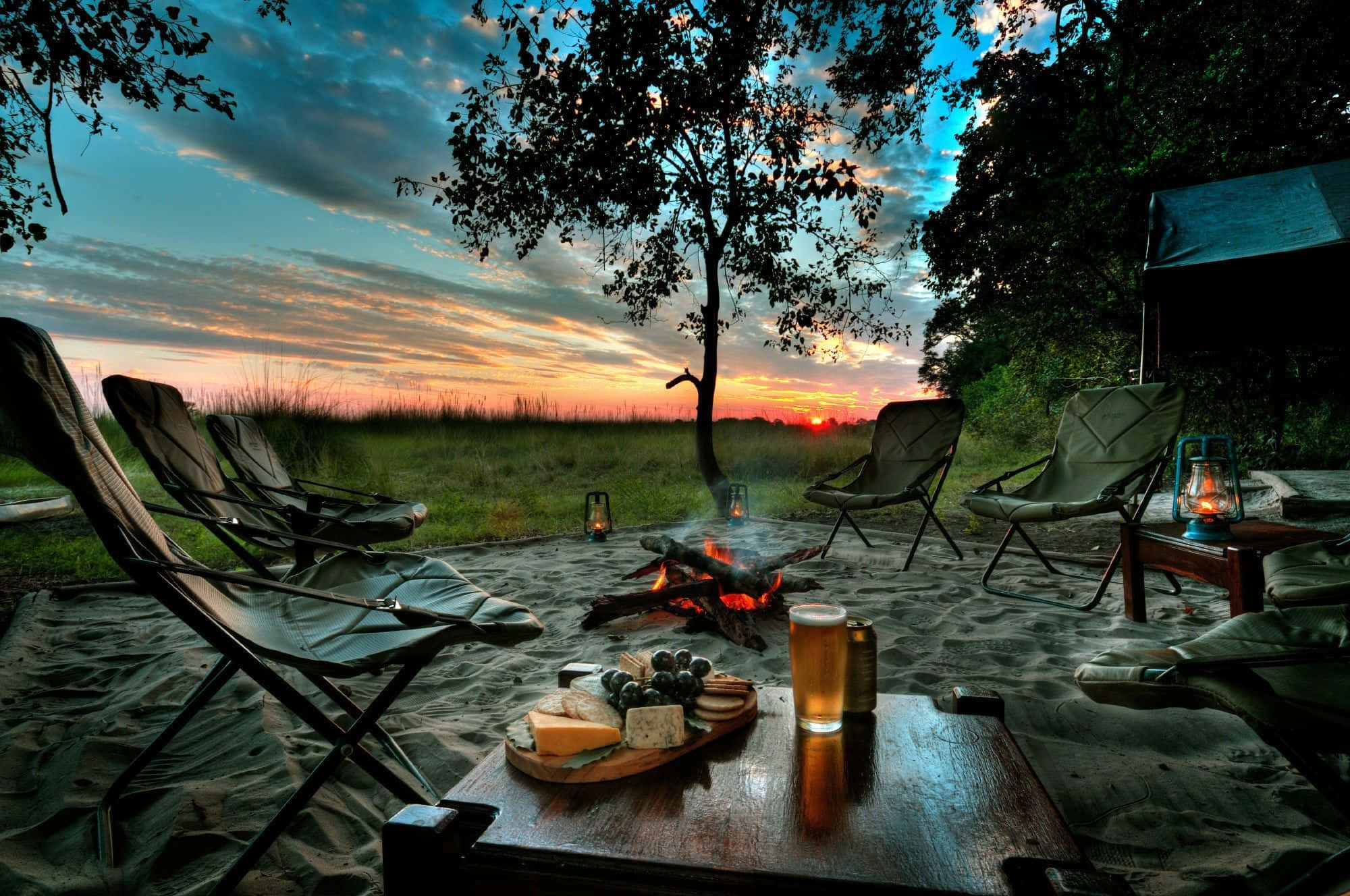 campfire, sunset, chairs, Full HD Desktop Wallpaper