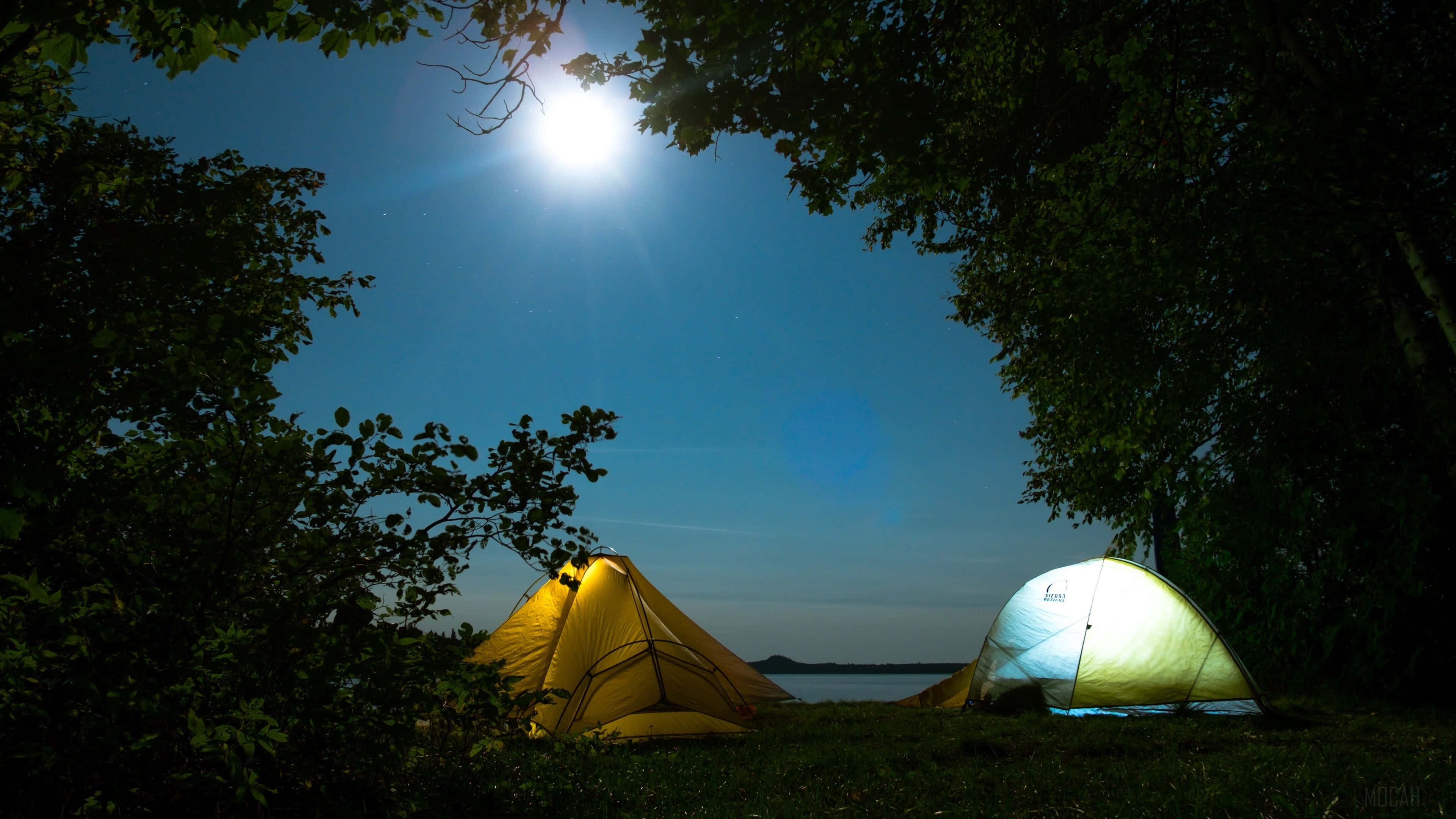 two tents, glowing tents, bright moonlit sky, 4K Desktop Wallpaper