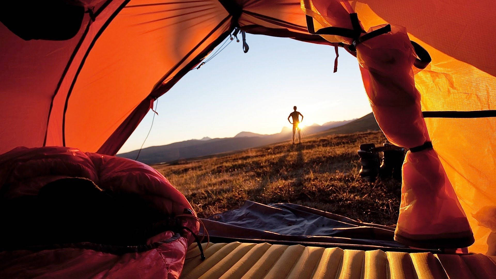 glowing orange tent, lone hiker, golden sunset, Full HD Desktop Wallpaper