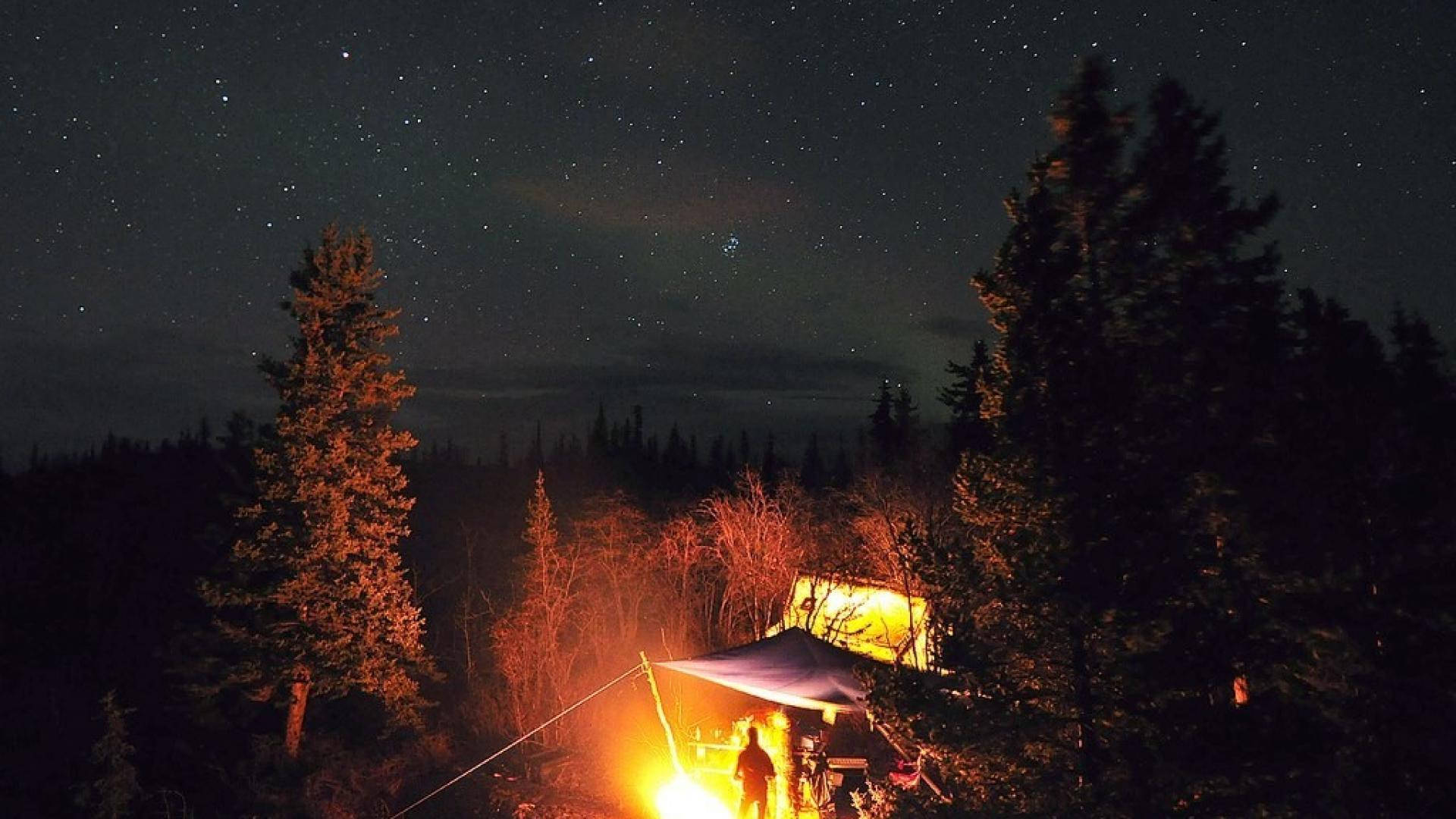 campfire, starry night sky, tent, Full HD Desktop Wallpaper