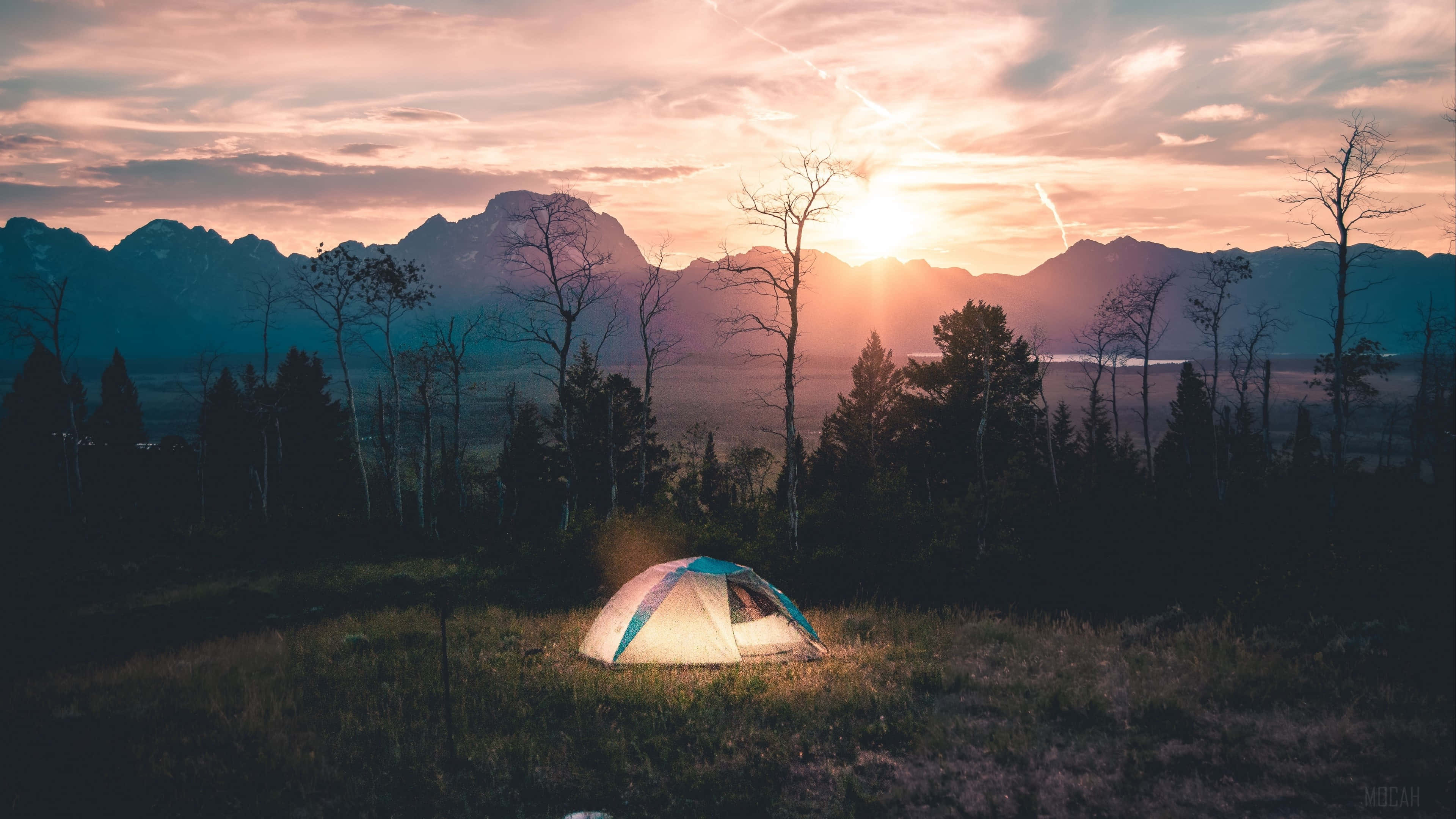 tent, trees, sunset, 4K Desktop Wallpaper