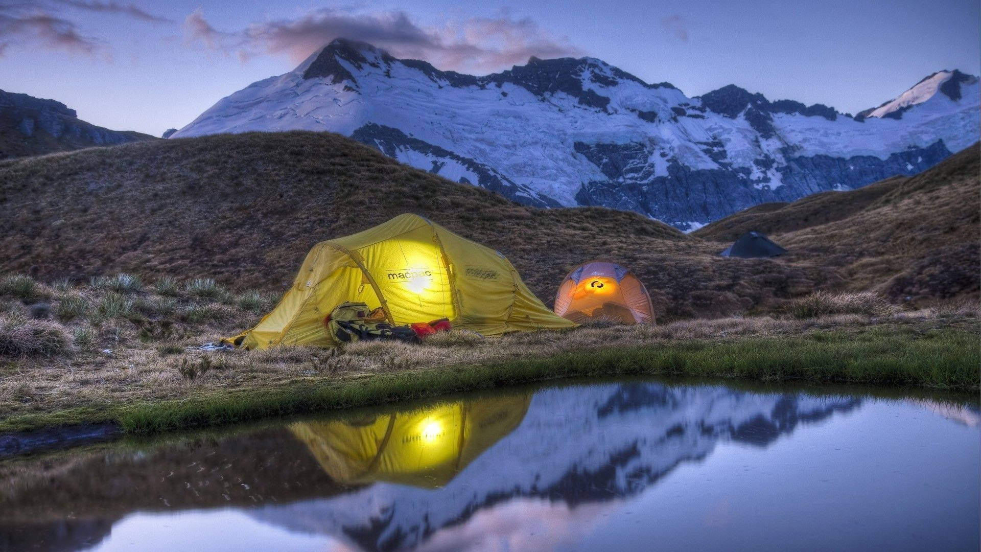 yellow camping tent, orange sleeping bag, calm pond, Full HD Desktop Wallpaper