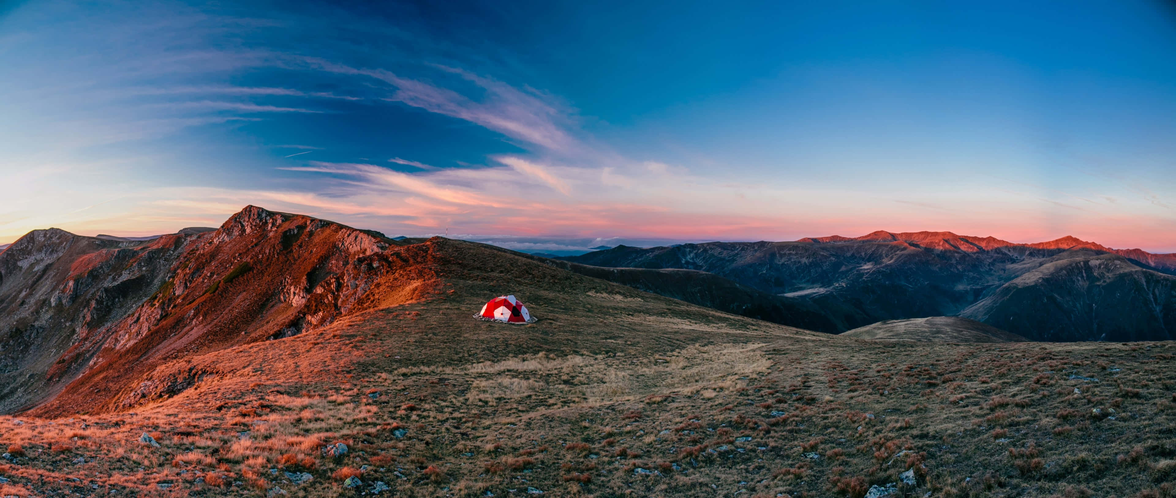 red and white tent, grassy mountain ridge, sunset, 4K Desktop Wallpaper