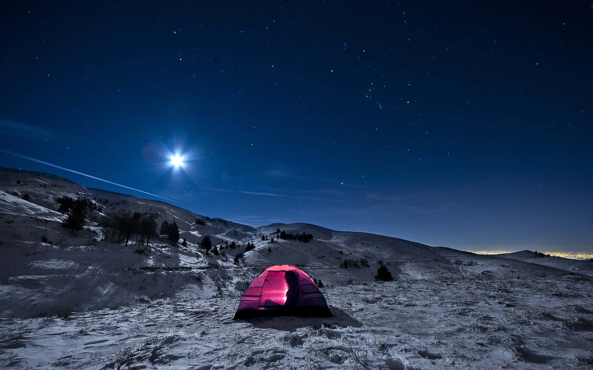 pink tent, snowy mountains, starry night sky, Full HD Desktop Wallpaper
