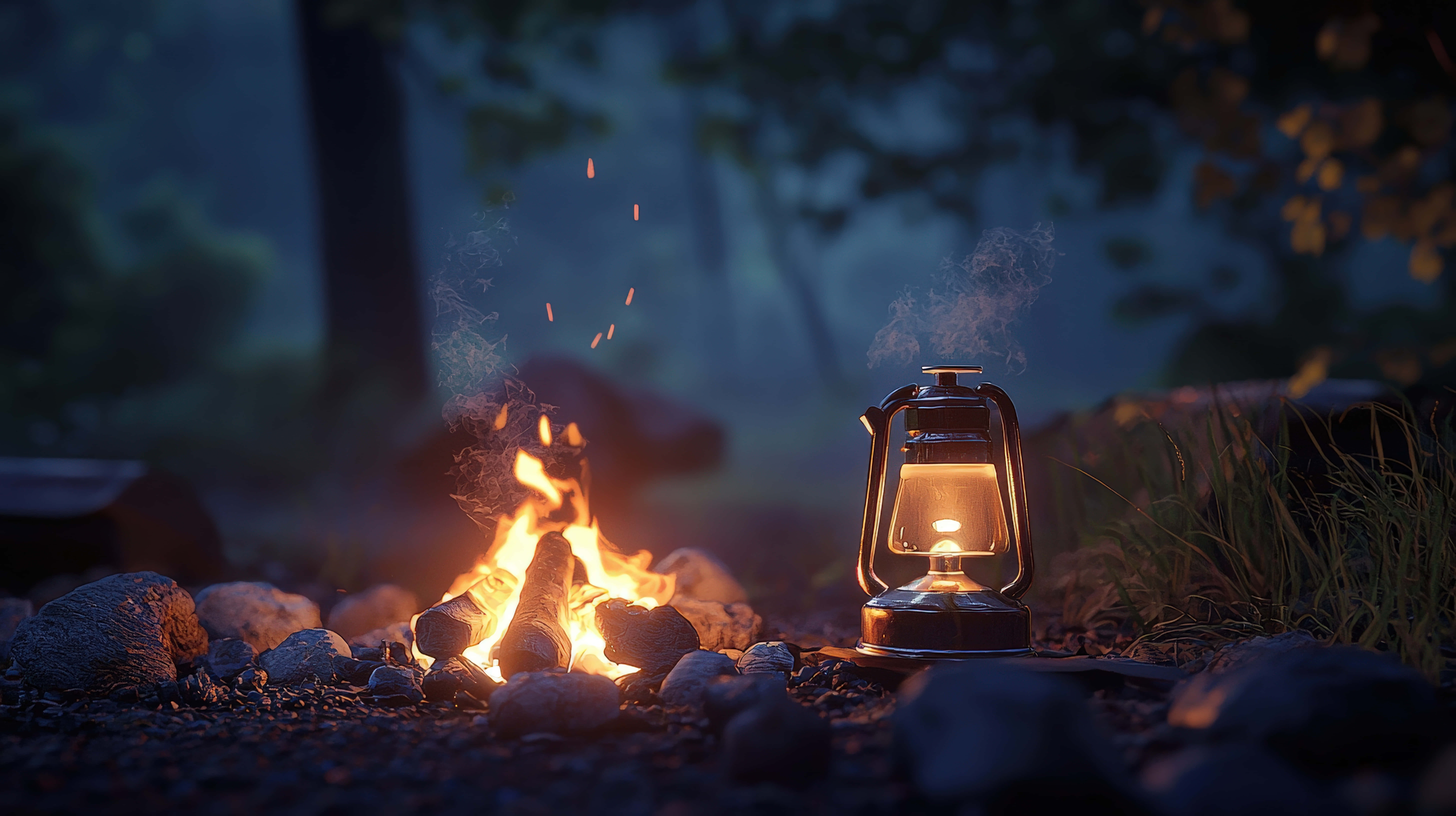 glowing campfire, vintage lantern, misty forest, 8K Desktop Wallpaper