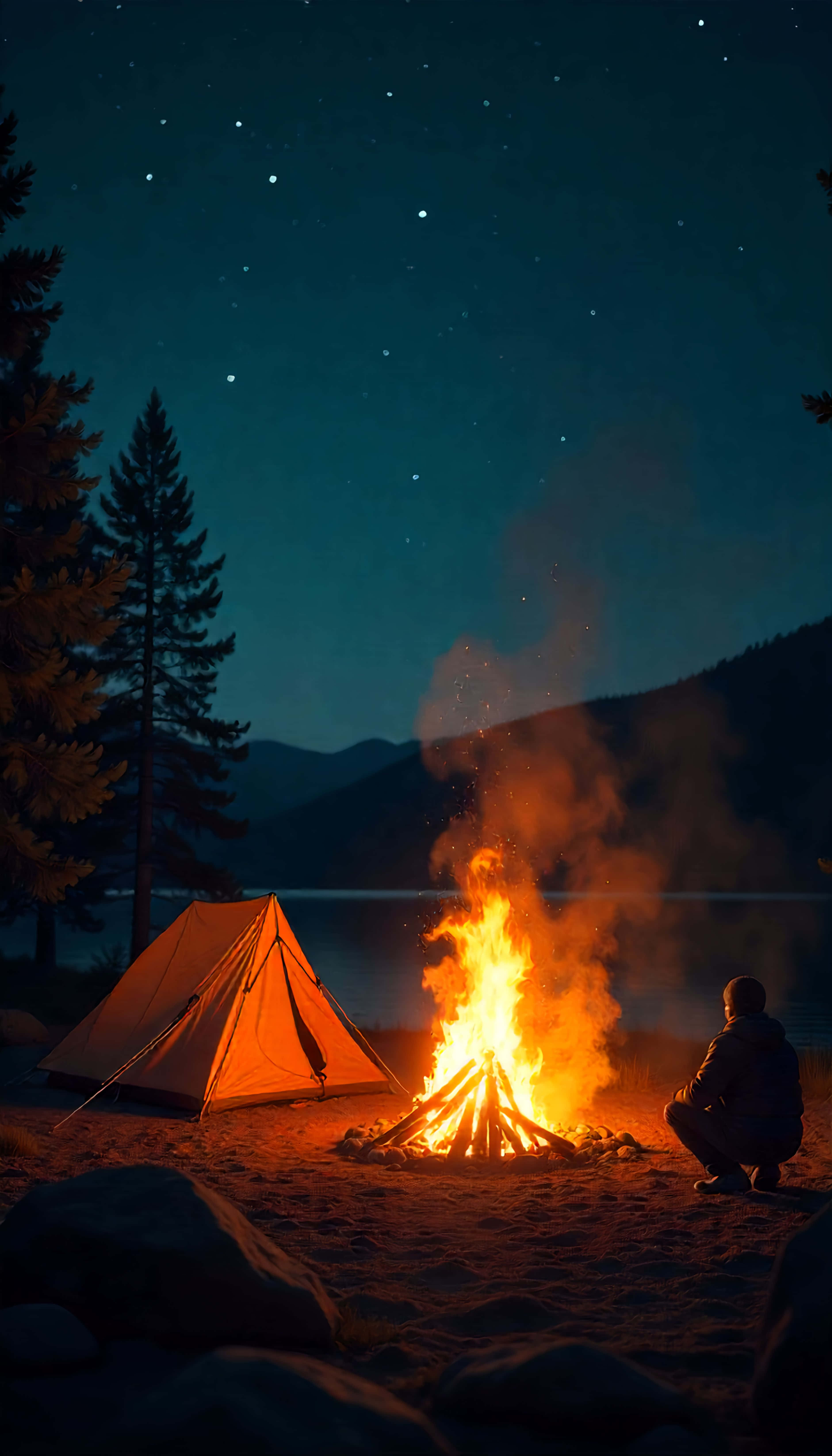 campfire, starry night sky, tent, 5K Phone Wallpaper