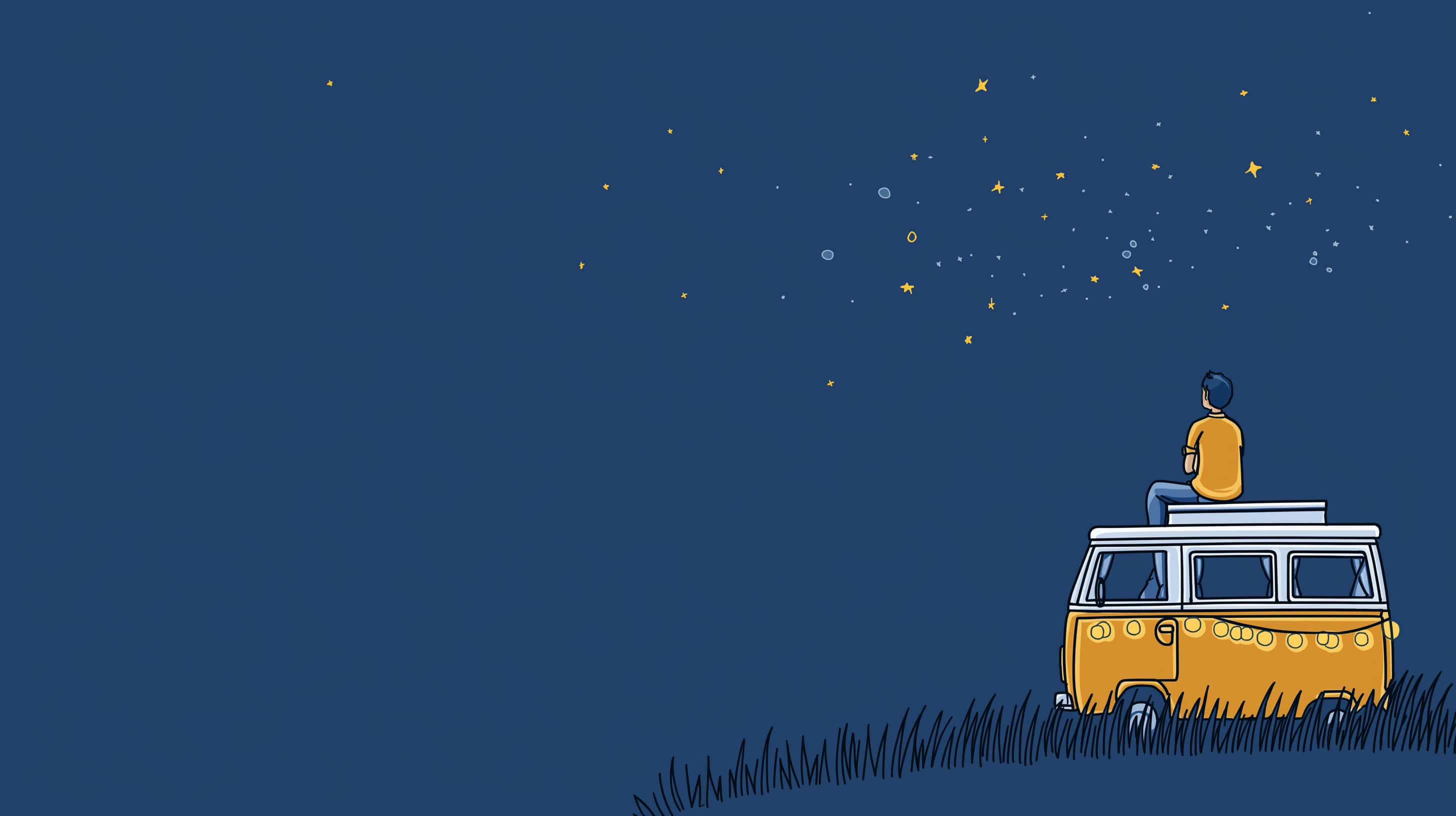 yellow van, starry night sky, twinkling stars, 2K Desktop Wallpaper