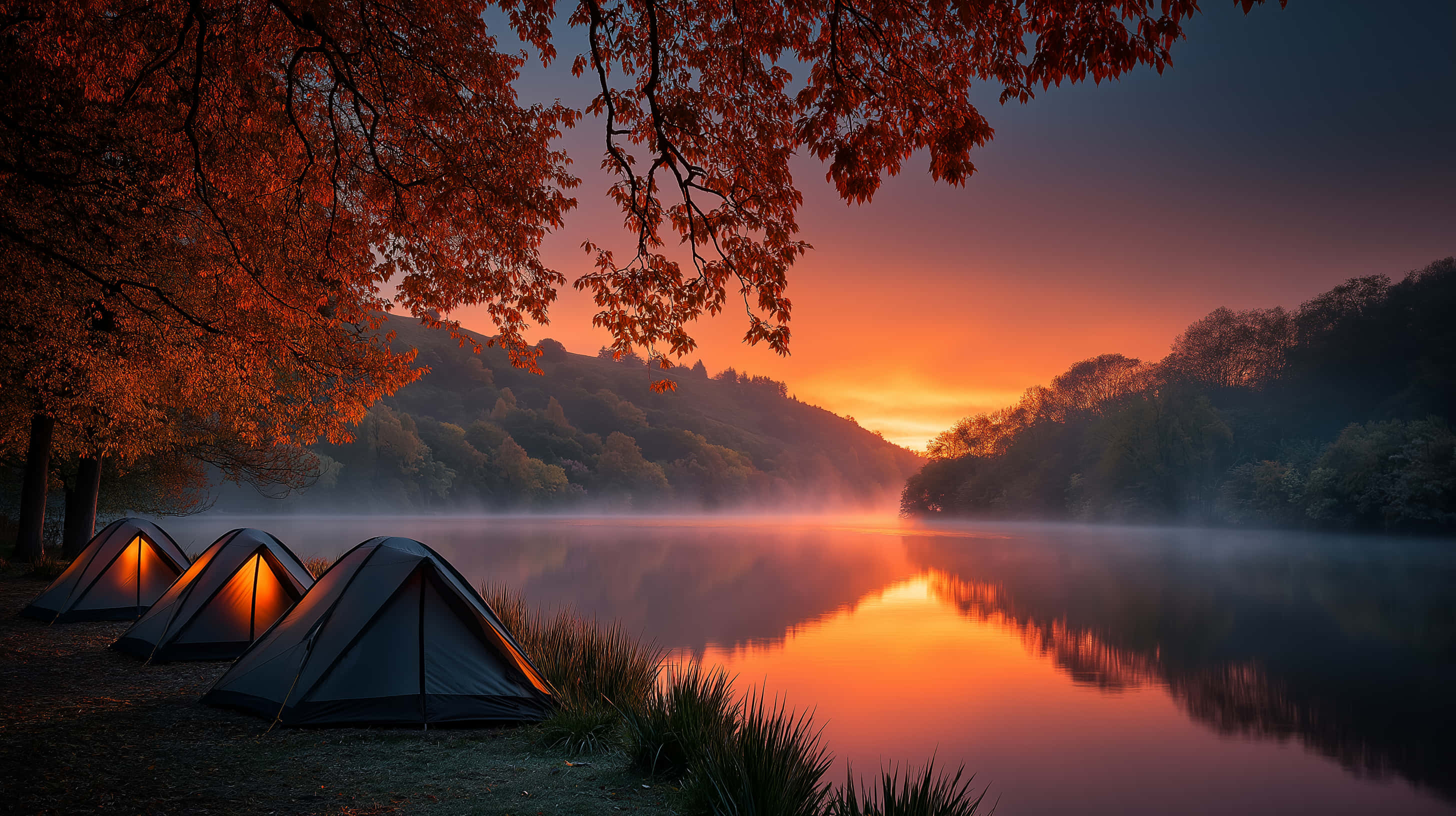 camping tents, misty lake, autumn sunrise, 2K Desktop Wallpaper