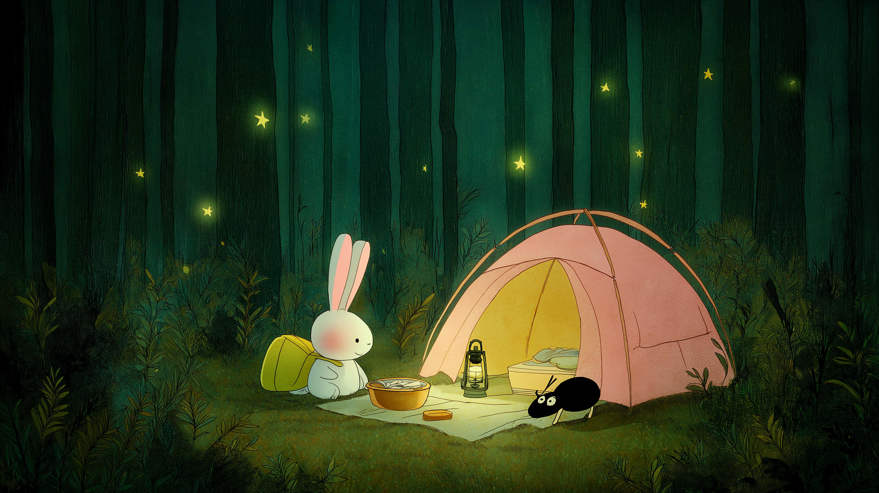 white rabbit, yellow backpack, pink tent, 2K Desktop Wallpaper