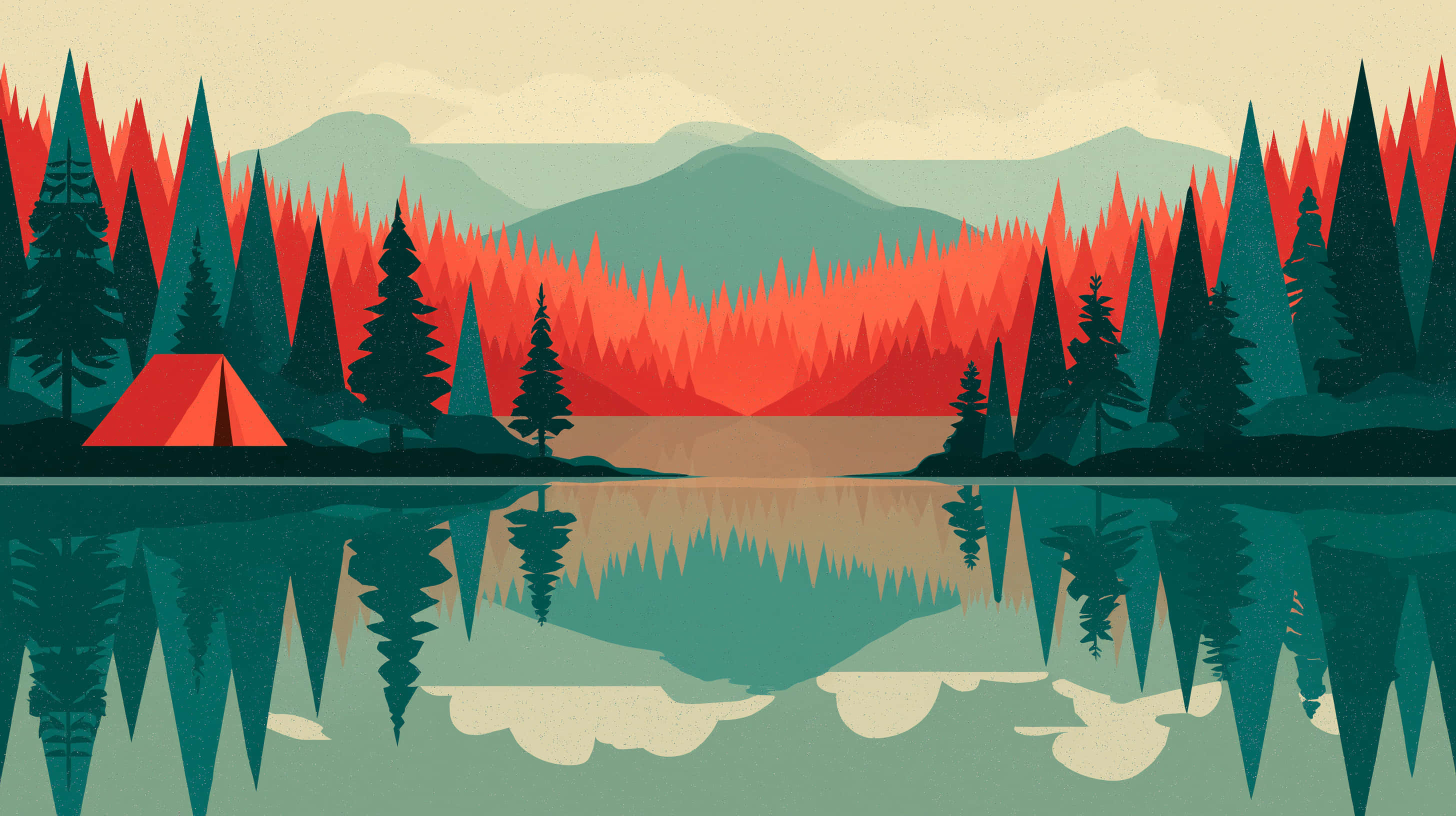 red tent, dark green pine trees, calm lake, 2K Desktop Wallpaper