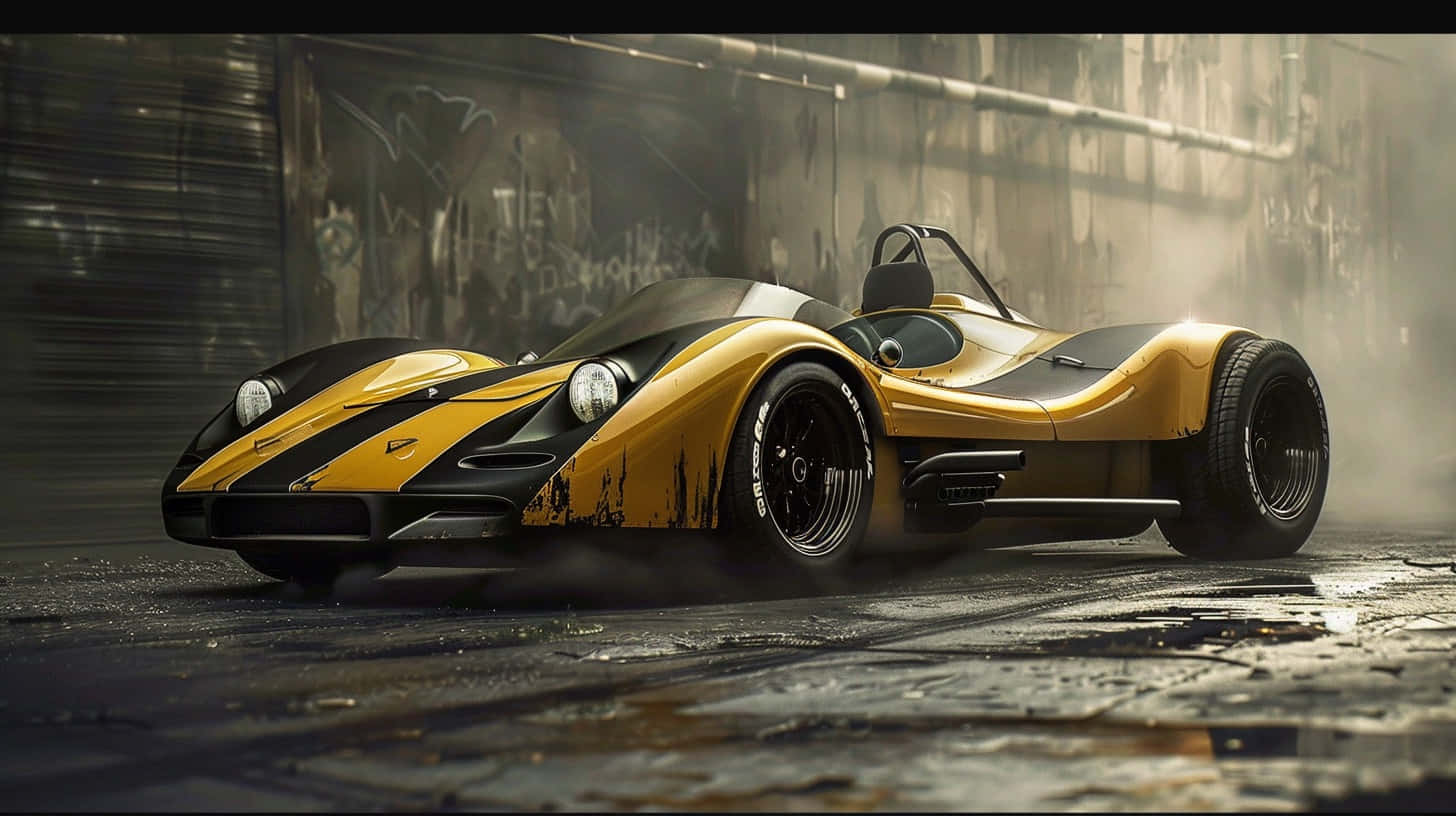 Can Am, yellow black racecar, graffiti-covered walls, HD Desktop Wallpaper