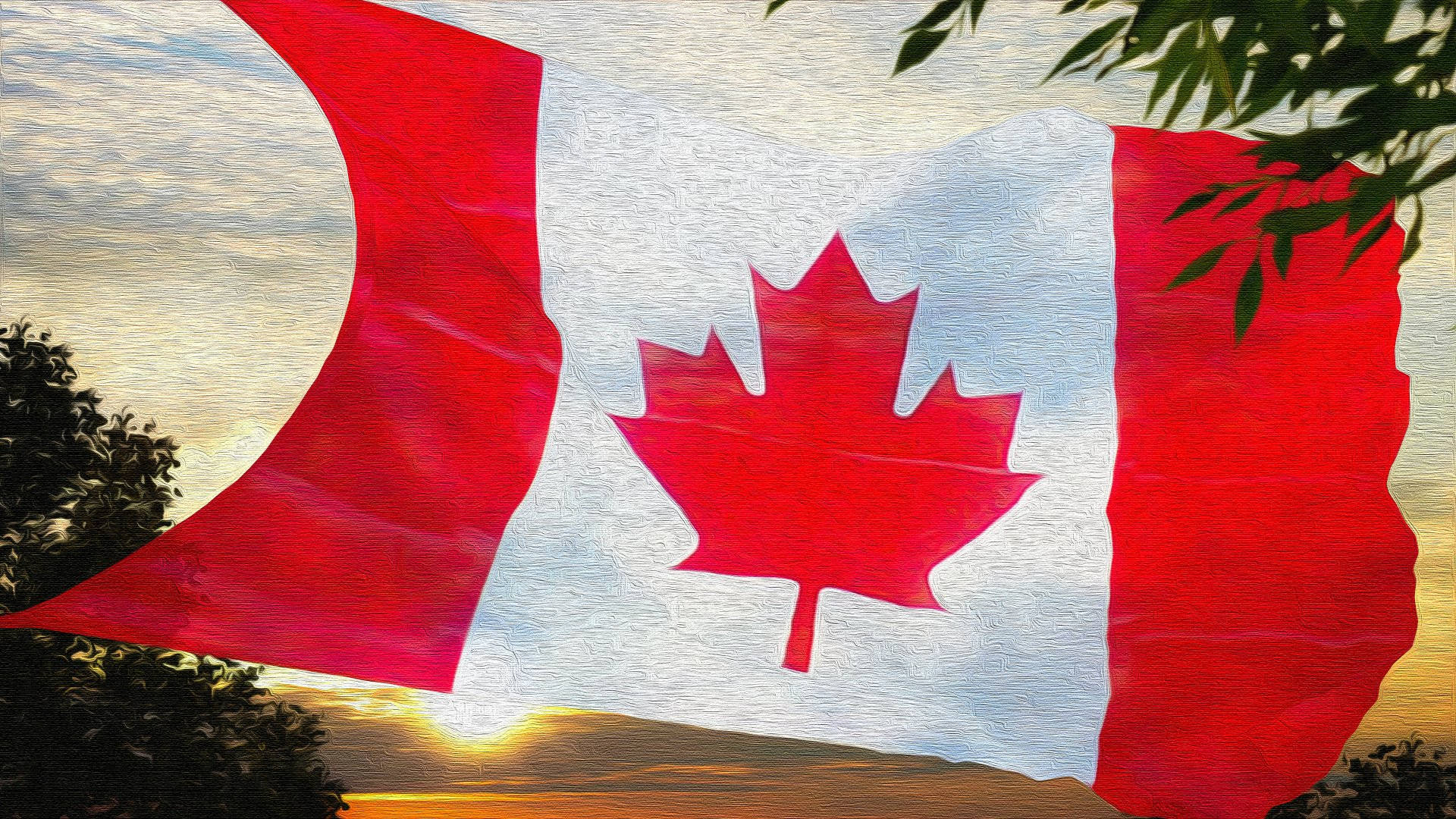 Canada flag, golden sunset sky, tree branches, Full HD Desktop Wallpaper