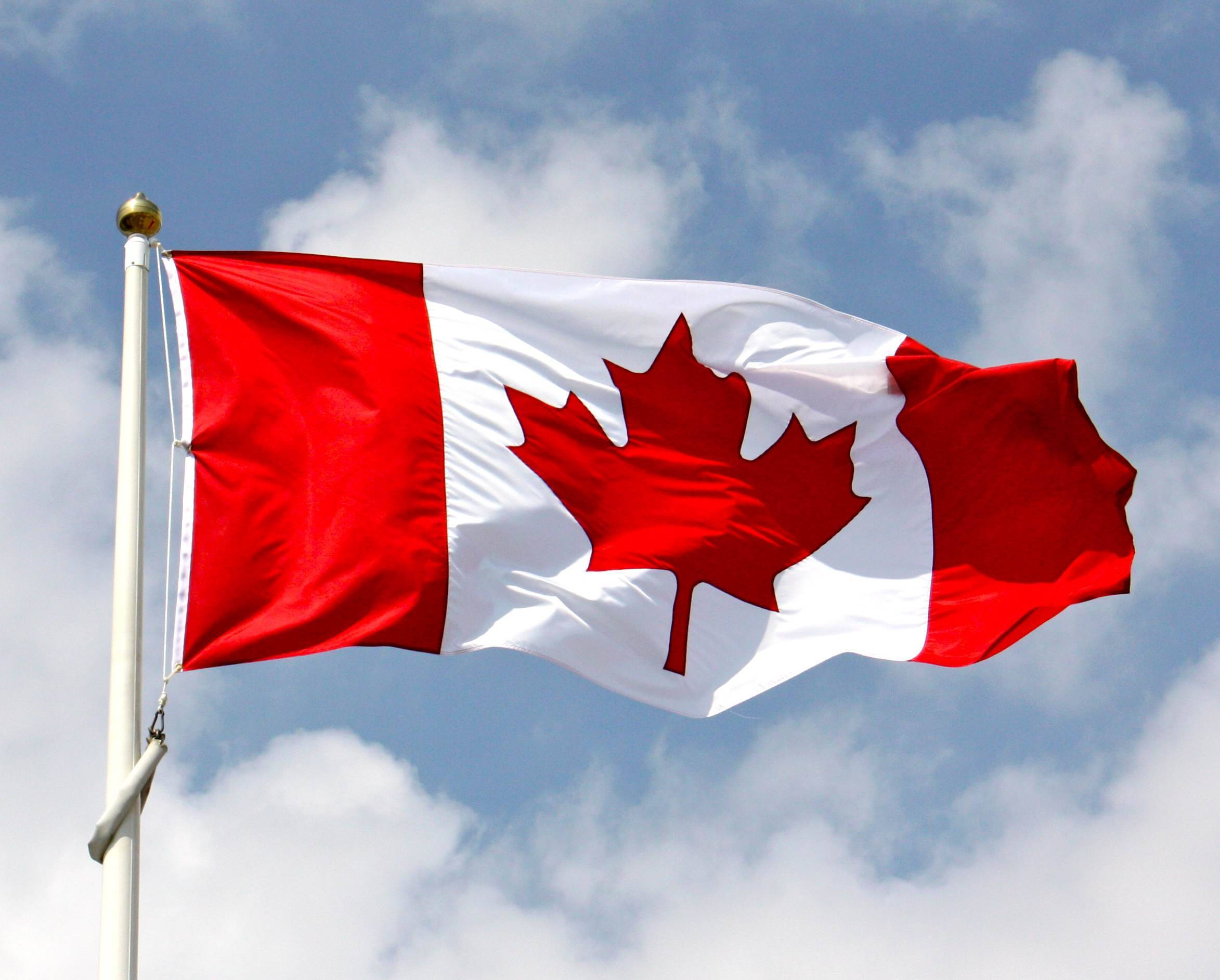 Canada flag, red maple leaf, bright blue sky, Full HD Desktop Wallpaper