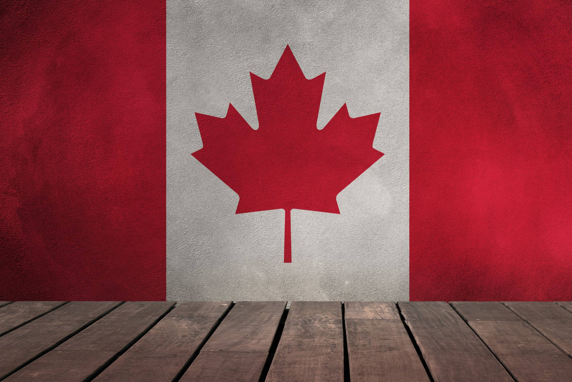 Canada flag, concrete wall, wooden plank floor, Full HD Desktop Wallpaper