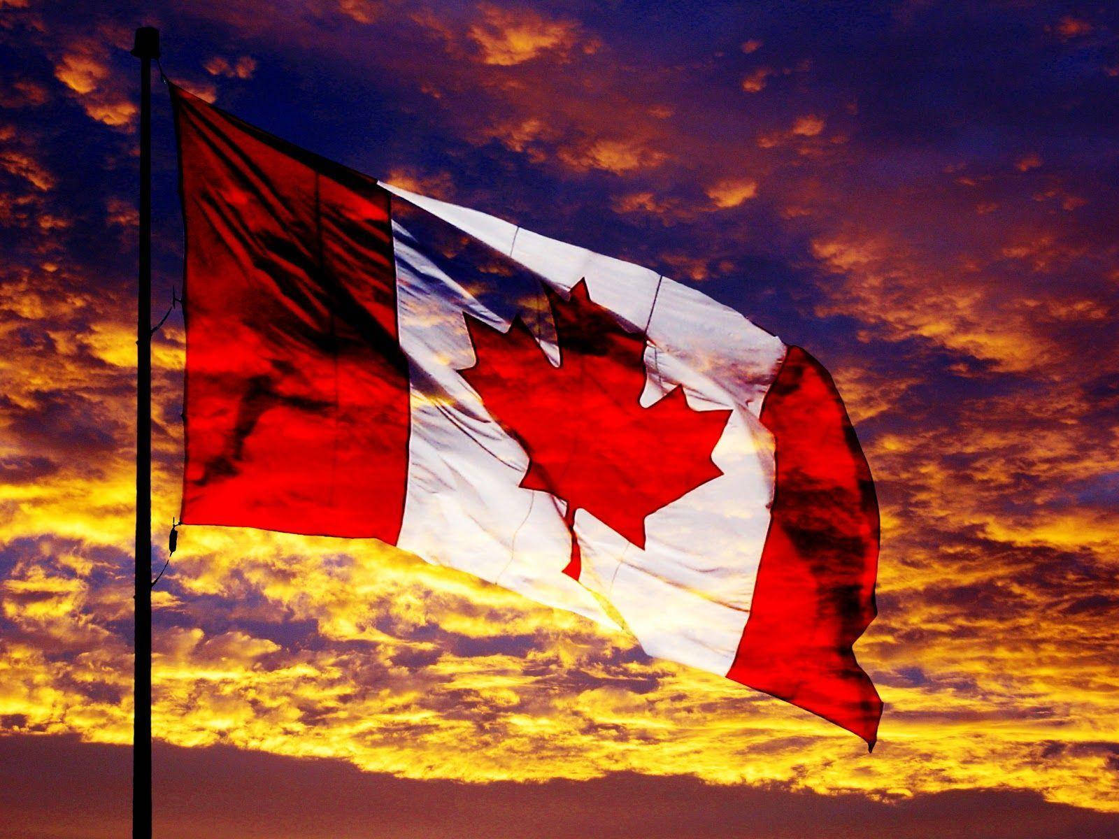 Canada flag, sunset, fiery sunset sky, HD Desktop Wallpaper