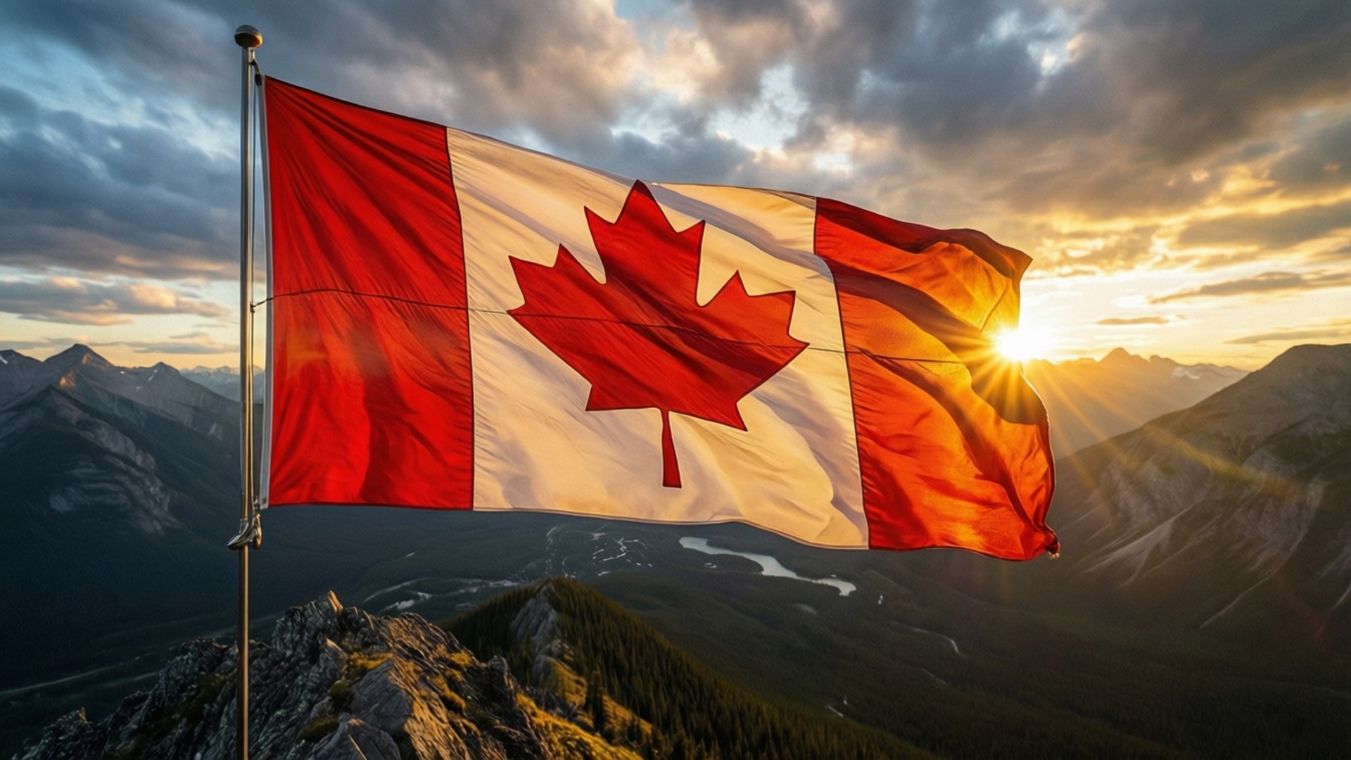 Canada flag, mountain peak, sunset, Full HD Desktop Wallpaper