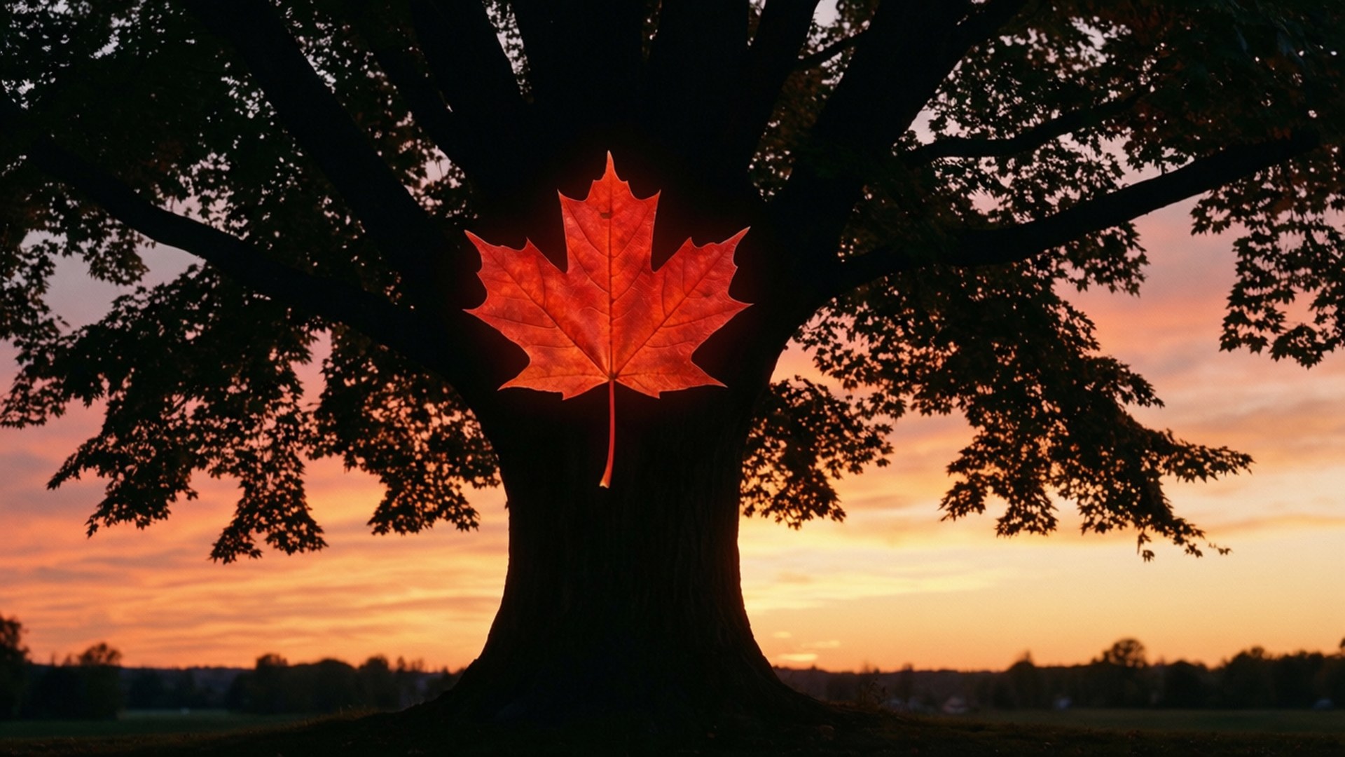 glowing red maple leaf, vibrant sunset, dark tree, Full HD Desktop Wallpaper