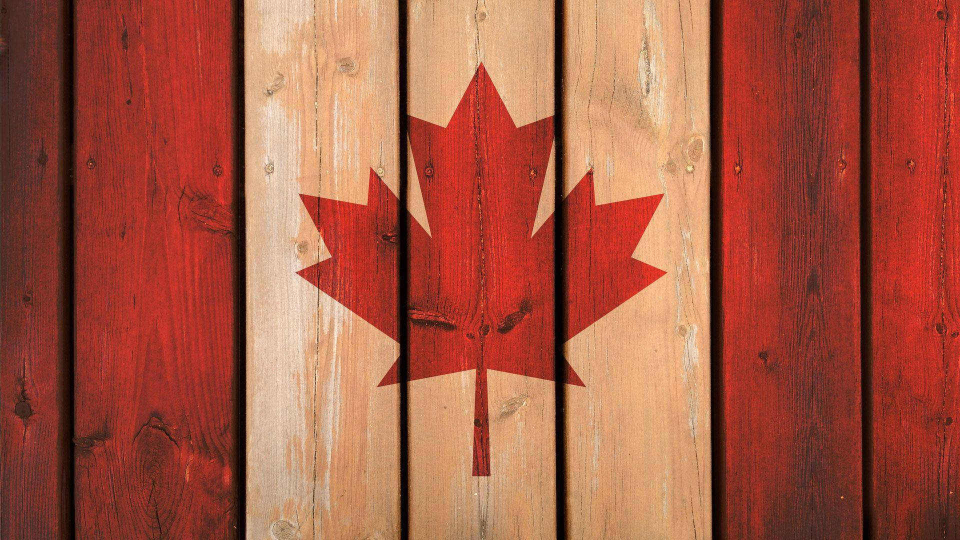 Canada flag, red maple leaf, weathered wooden planks, Full HD Desktop Wallpaper