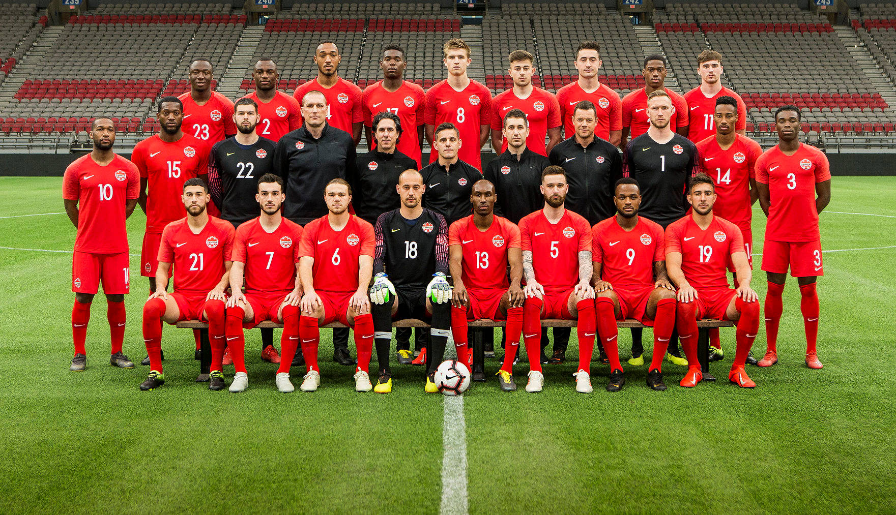 Canada National Football Team, red uniforms, green pitch, HD Desktop Wallpaper