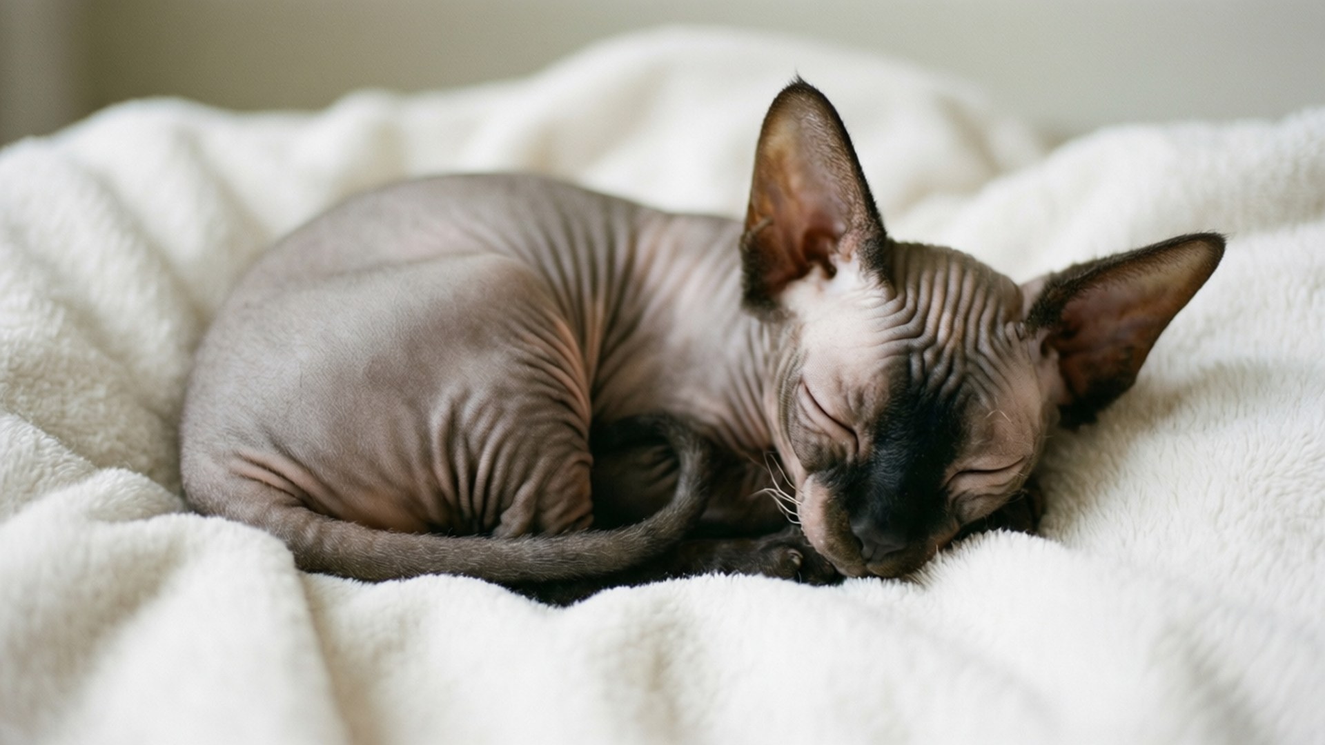 Sphynx, white blanket, closed eyes, Full HD Desktop Wallpaper