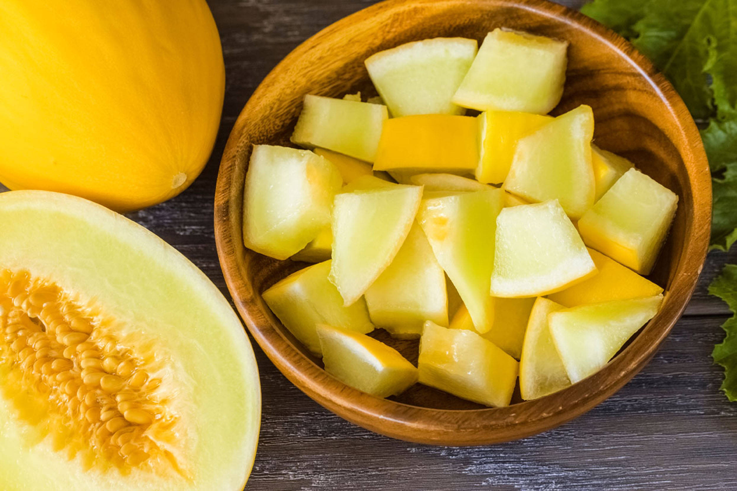 Canary Melon, wooden bowl, juicy yellow melon chunks, Full HD Desktop Wallpaper