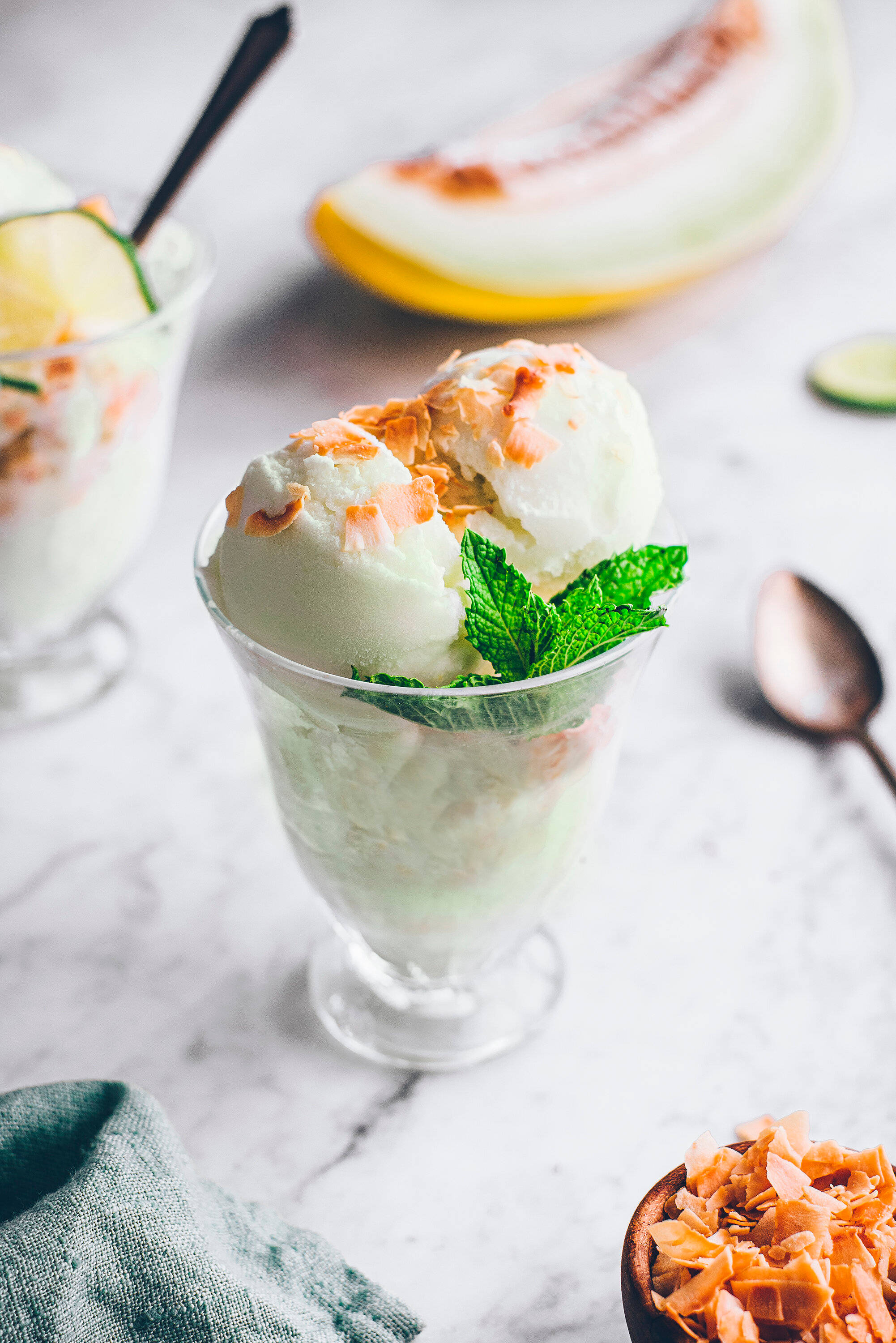 Canary Melon Dessert, creamy melon ice cream, toasted coconut flakes, 2K Phone Wallpaper