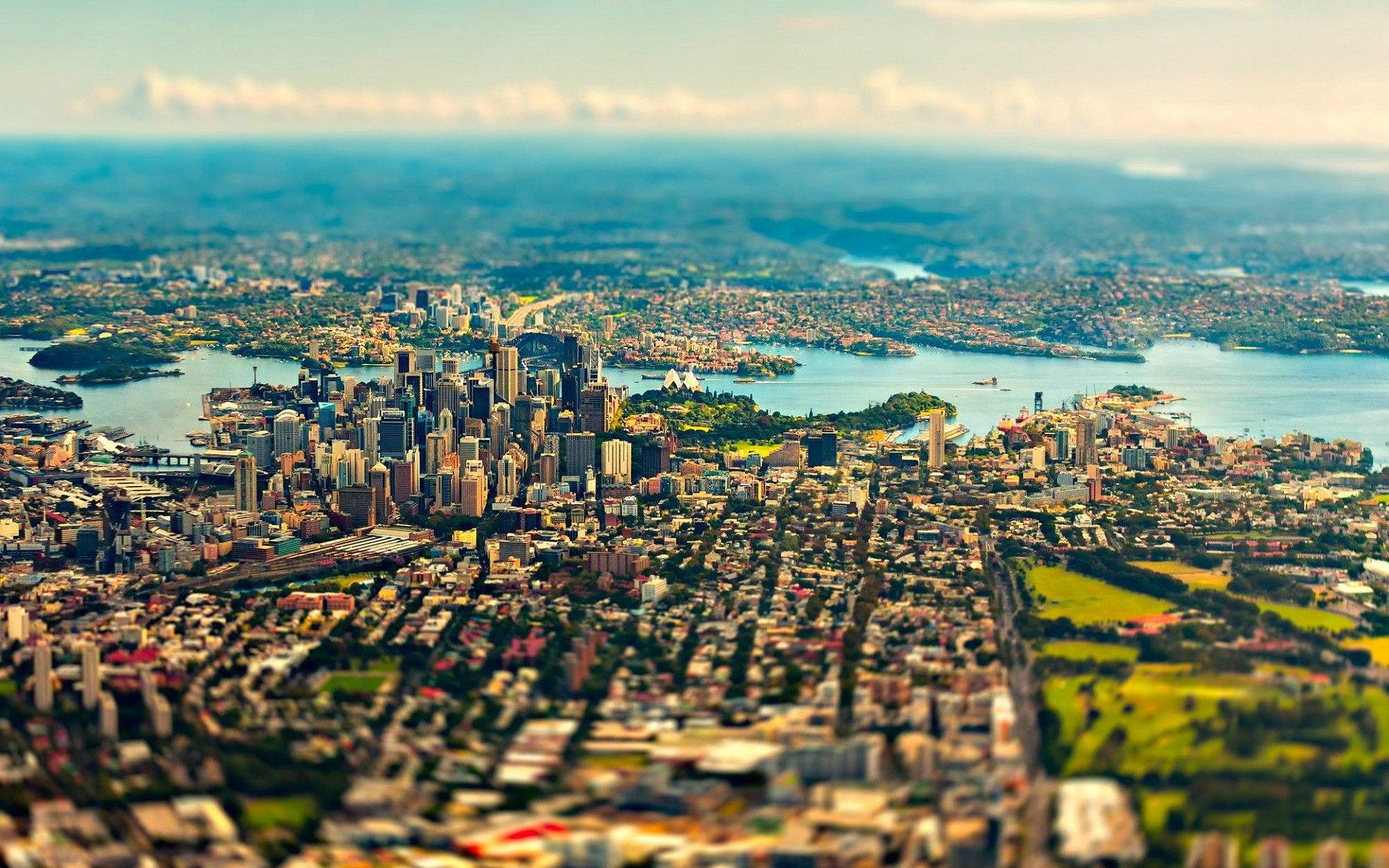 Canberra, aerial tilt-shift view, coastal city, Full HD Desktop Wallpaper