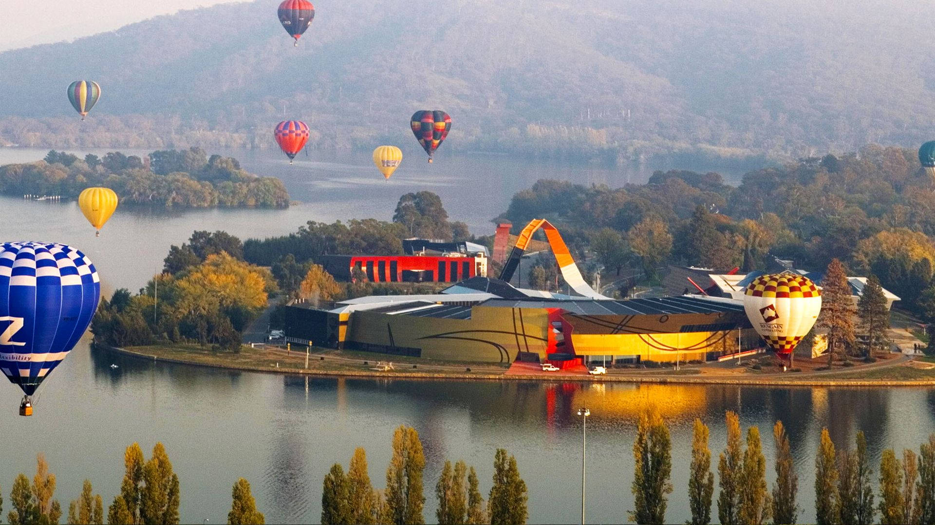 Canberra, colorful hot air balloons, calm lake, Full HD Desktop Wallpaper