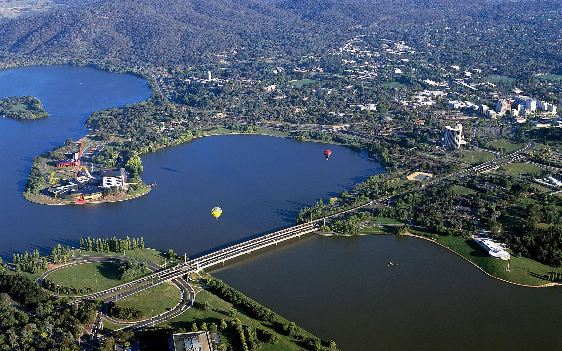 Canberra, lake, hot air balloons, Full HD Desktop Wallpaper