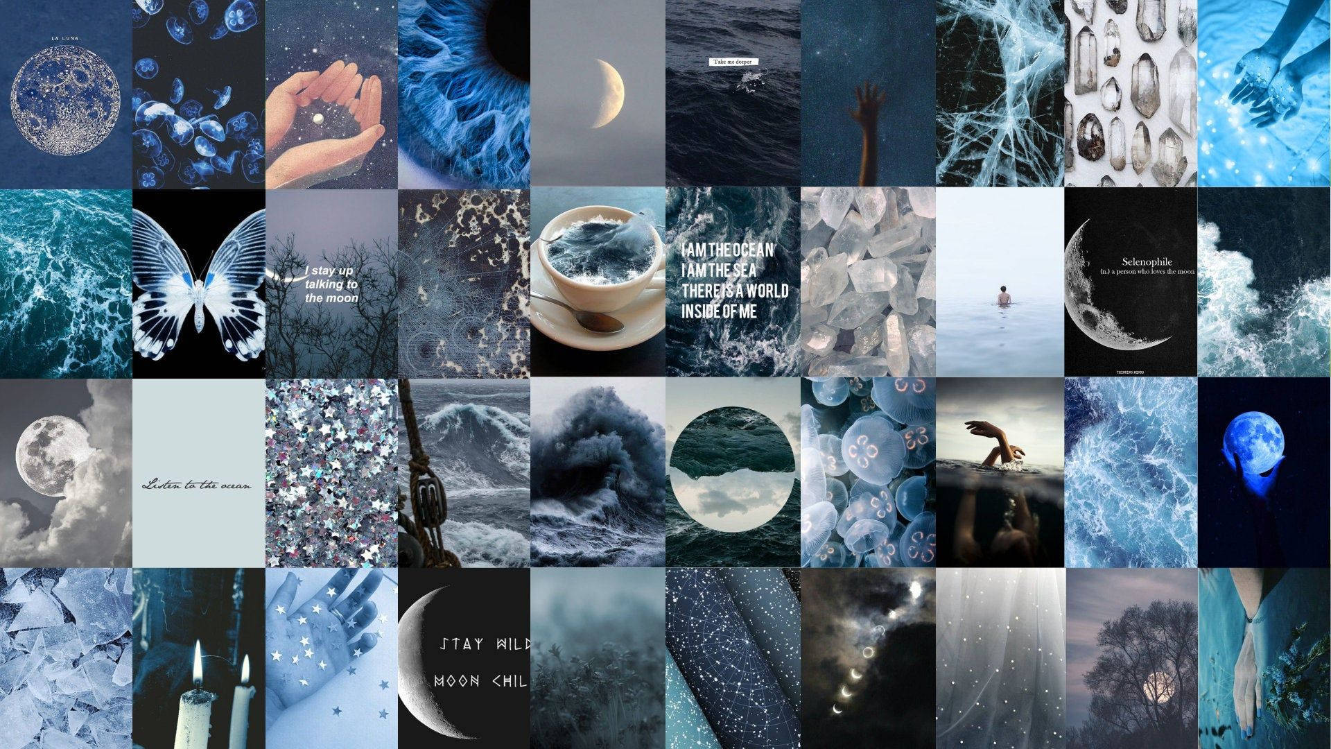 Cancer Aesthetic Collection, dreamy blue-toned, moon phases, Full HD Desktop Wallpaper